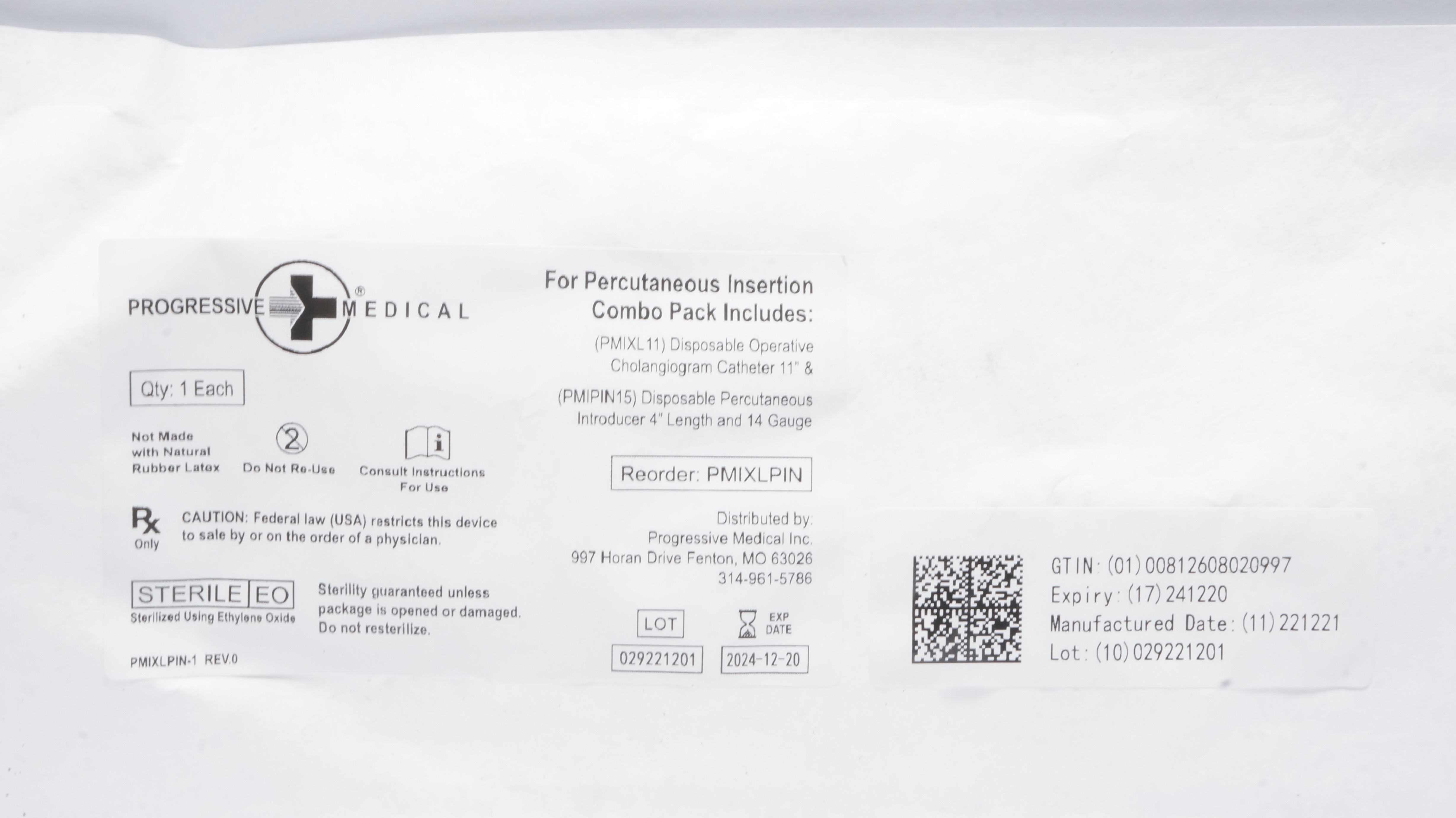 Progressive Medical PMIXLPIN Cholangiogram Cath. 11inch & Introducer 4inchx 14ga
