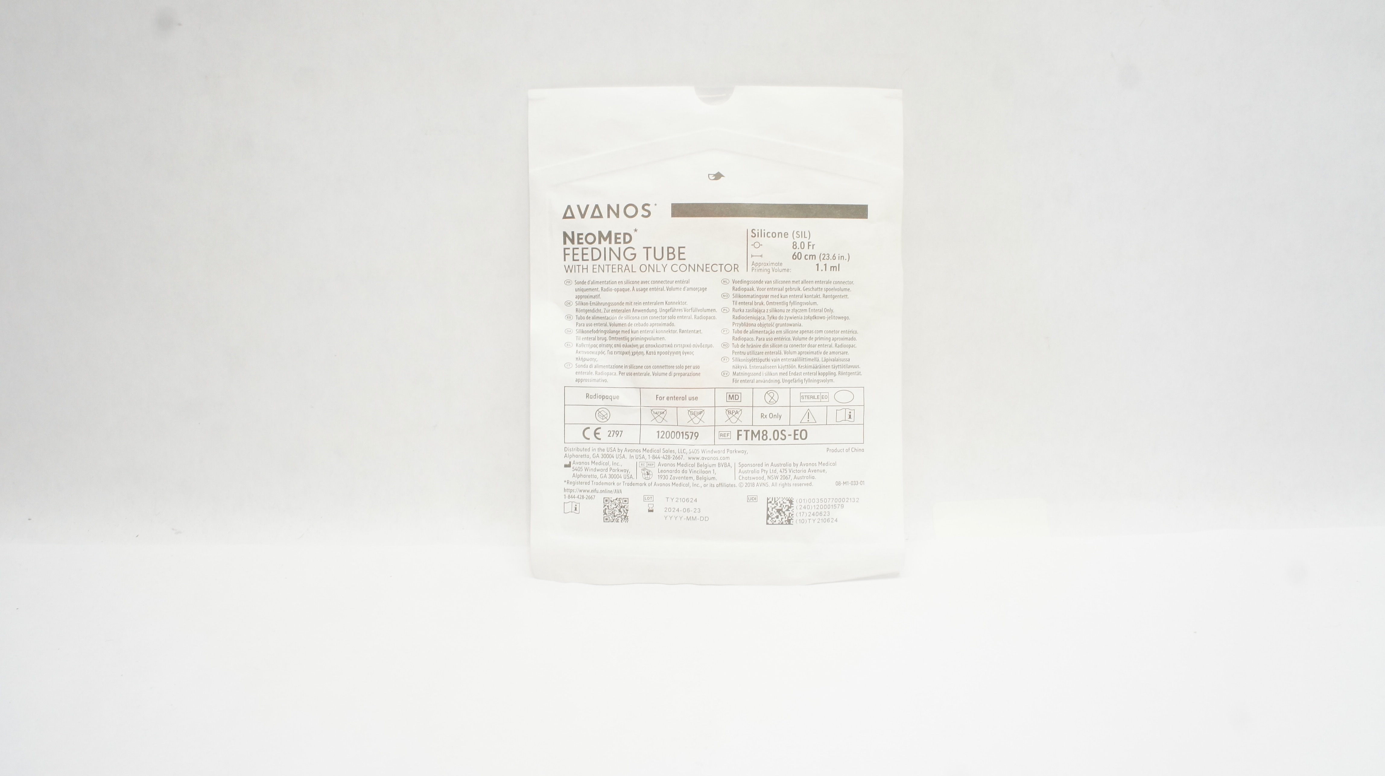 Avanos FTM8.0S-EO NeoMed Radiopaque Enteral Feeding Tube 8.0Fr x 23.6inch