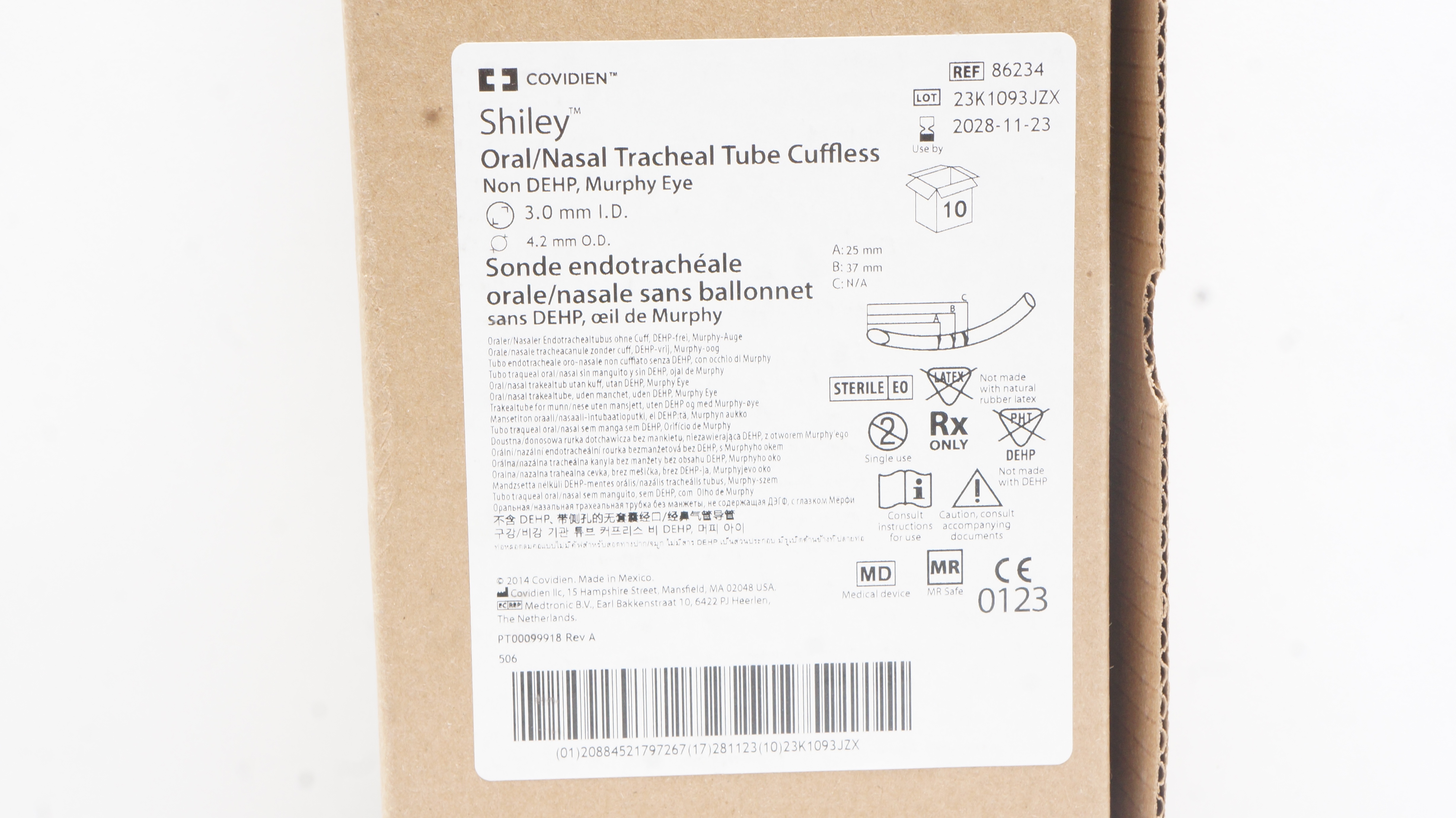 Covidien 86234 Shiley Oral/Nasal Tracheal Tube 3.0I.D. x 4.2mm O.D. - Case of 10