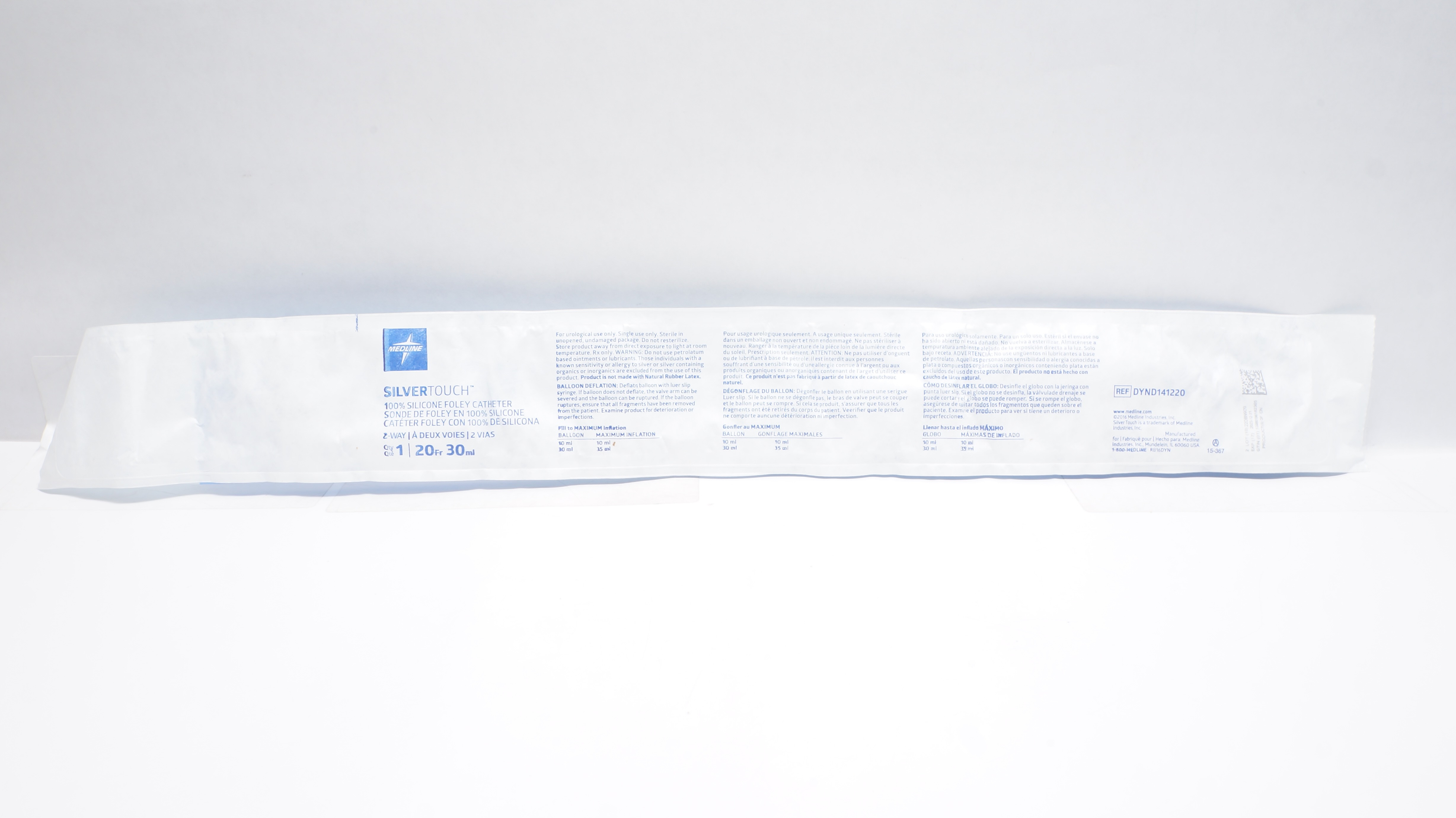 Medline DYND141220 Silvertouch 2-Way 100% Silicone Foley Cath. 20Fr, 30ml (x)