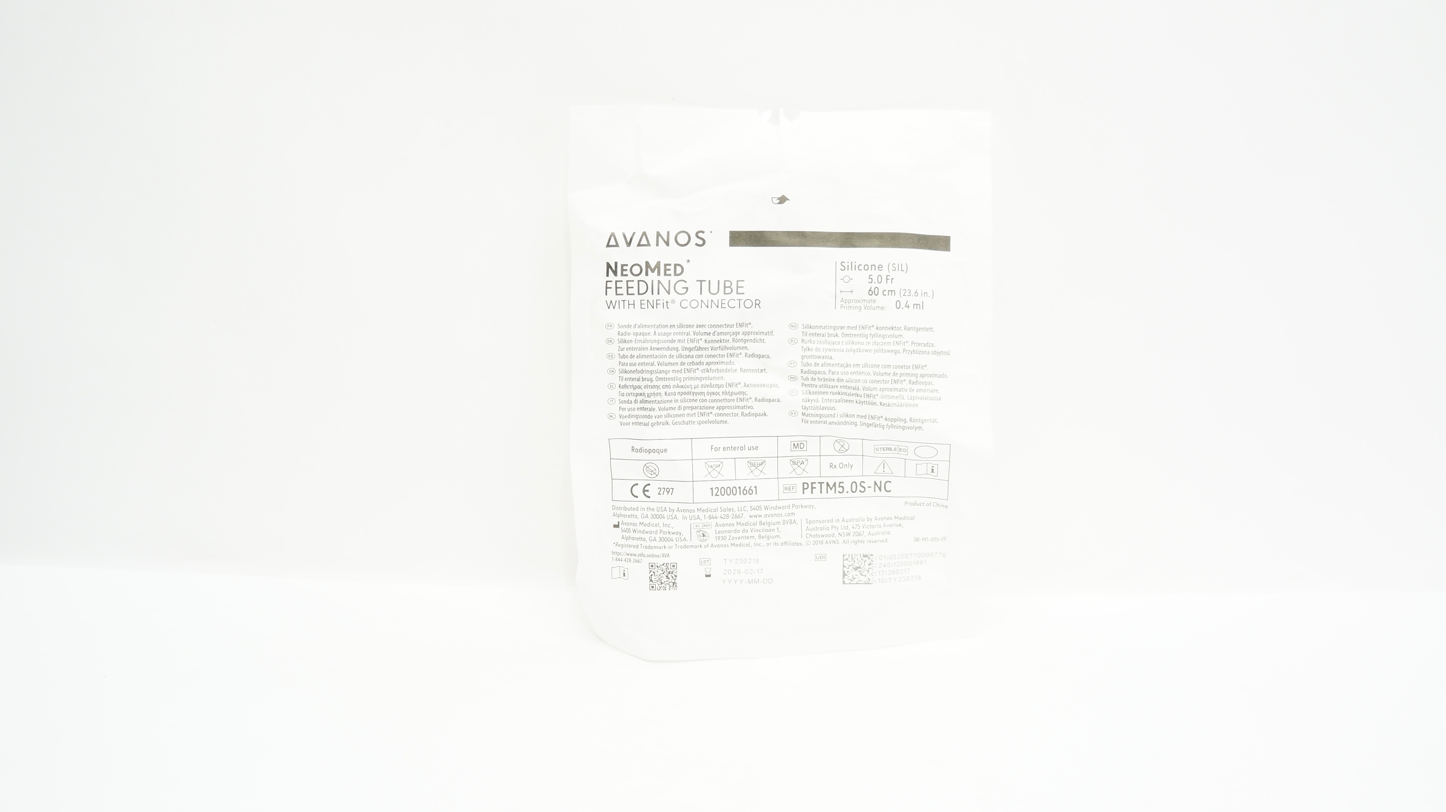 Avanos PFTM5.0S-NC NeoMed Feeding Tube w/EnFit Connector 5.0Fr x 23.6inch 0.4ml