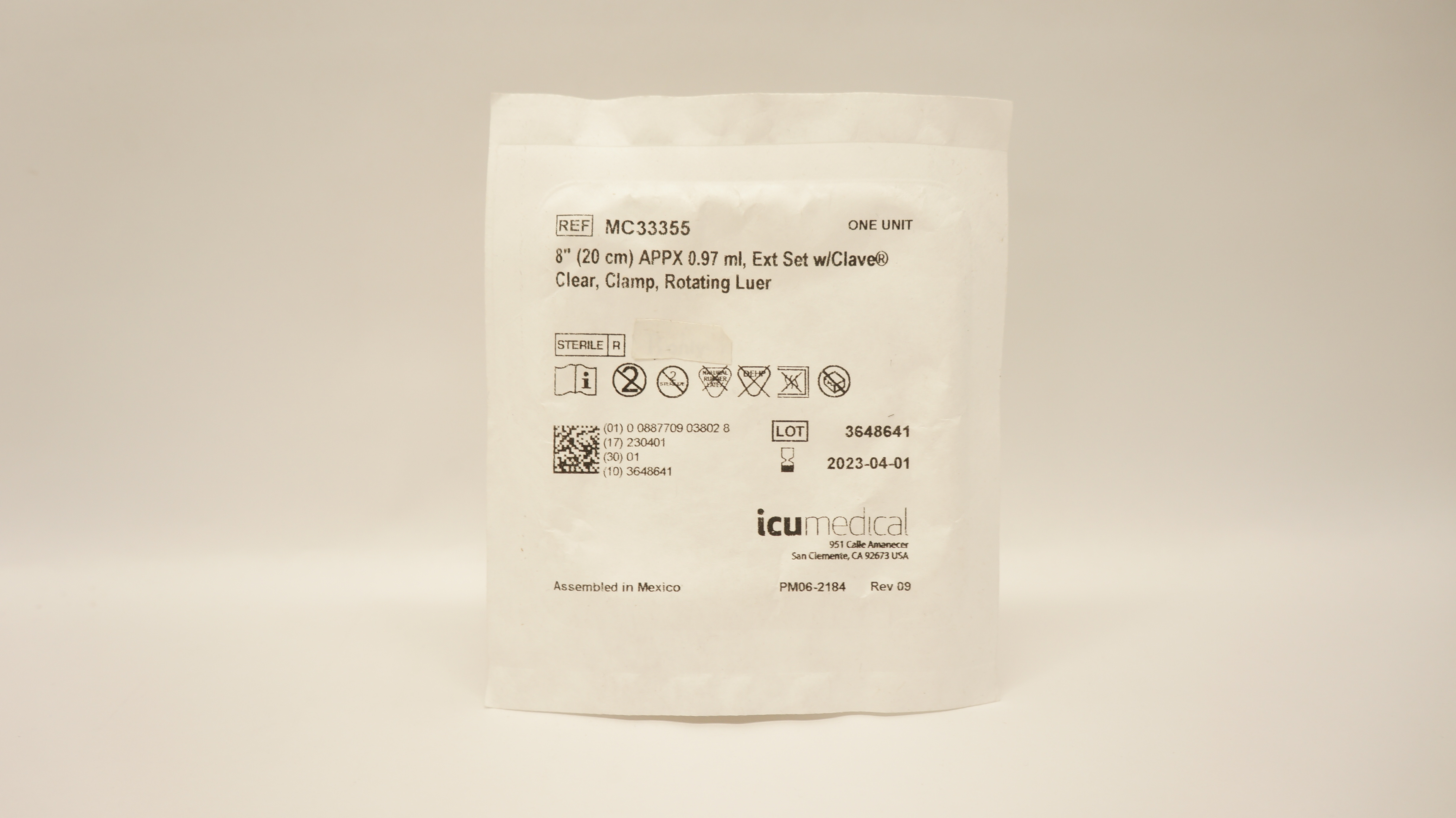 ICU Medical  MC33355 8inch APPX 0.97ml Ext Set w/Clave Clear Clamp Rotating Luer