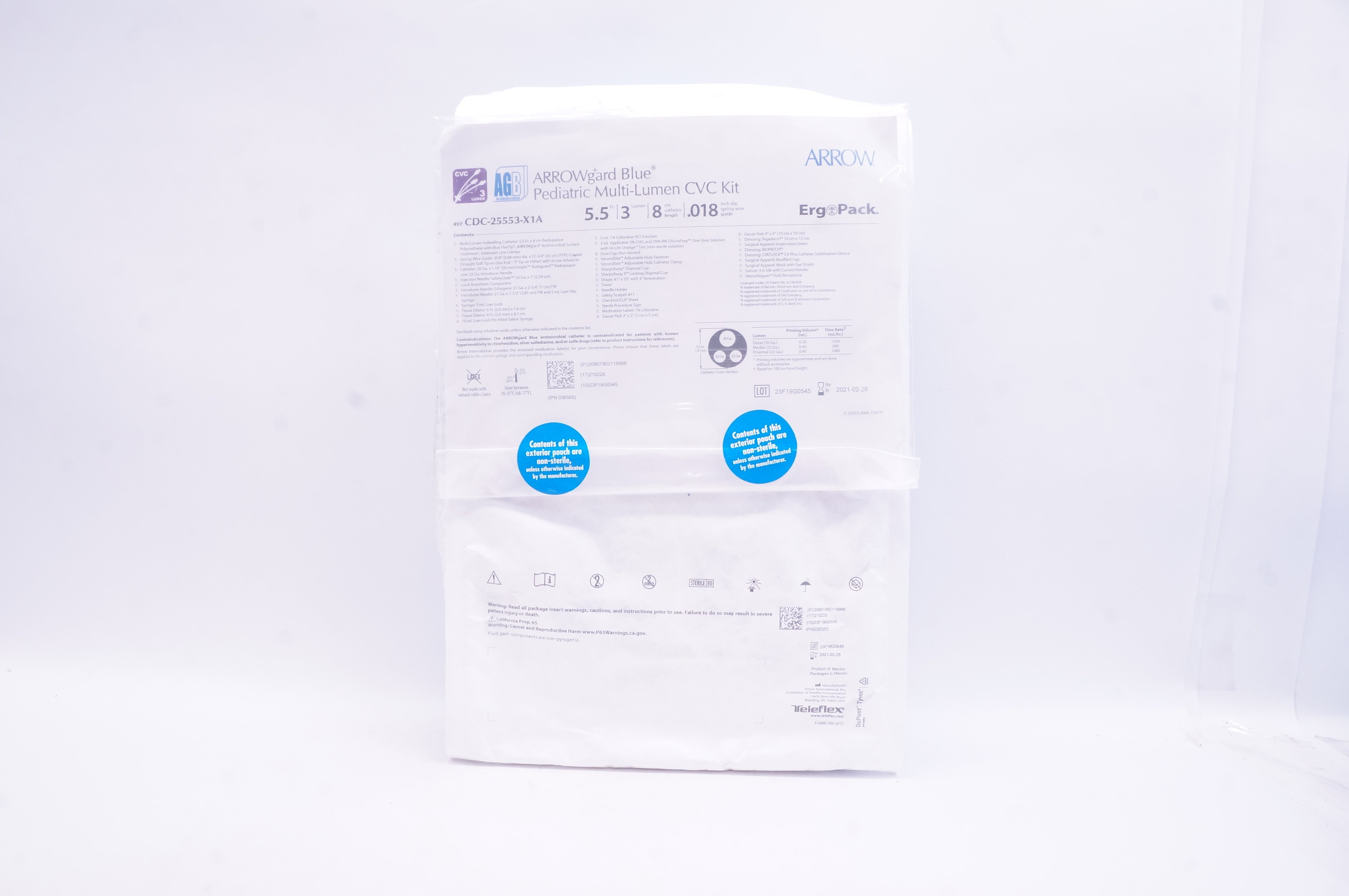 Arrow CDC-25553-X1A Blue Pediatric Multi-Lumen CVC Kit 5.5Fr 3 Lumen 8cm