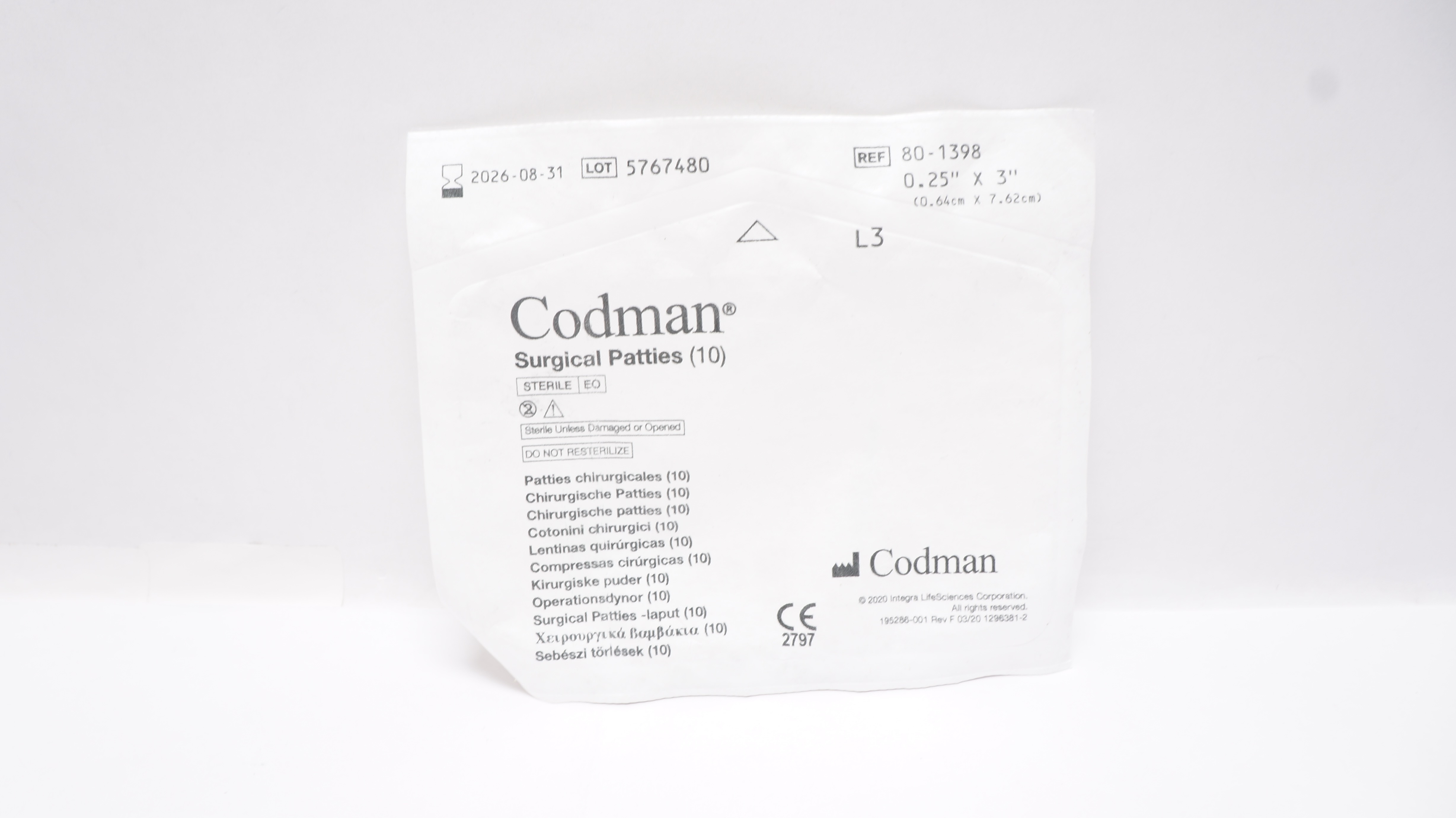 Codman 80-1398 Surgical Patties, 0.25inch x 3inch - Pack of 10