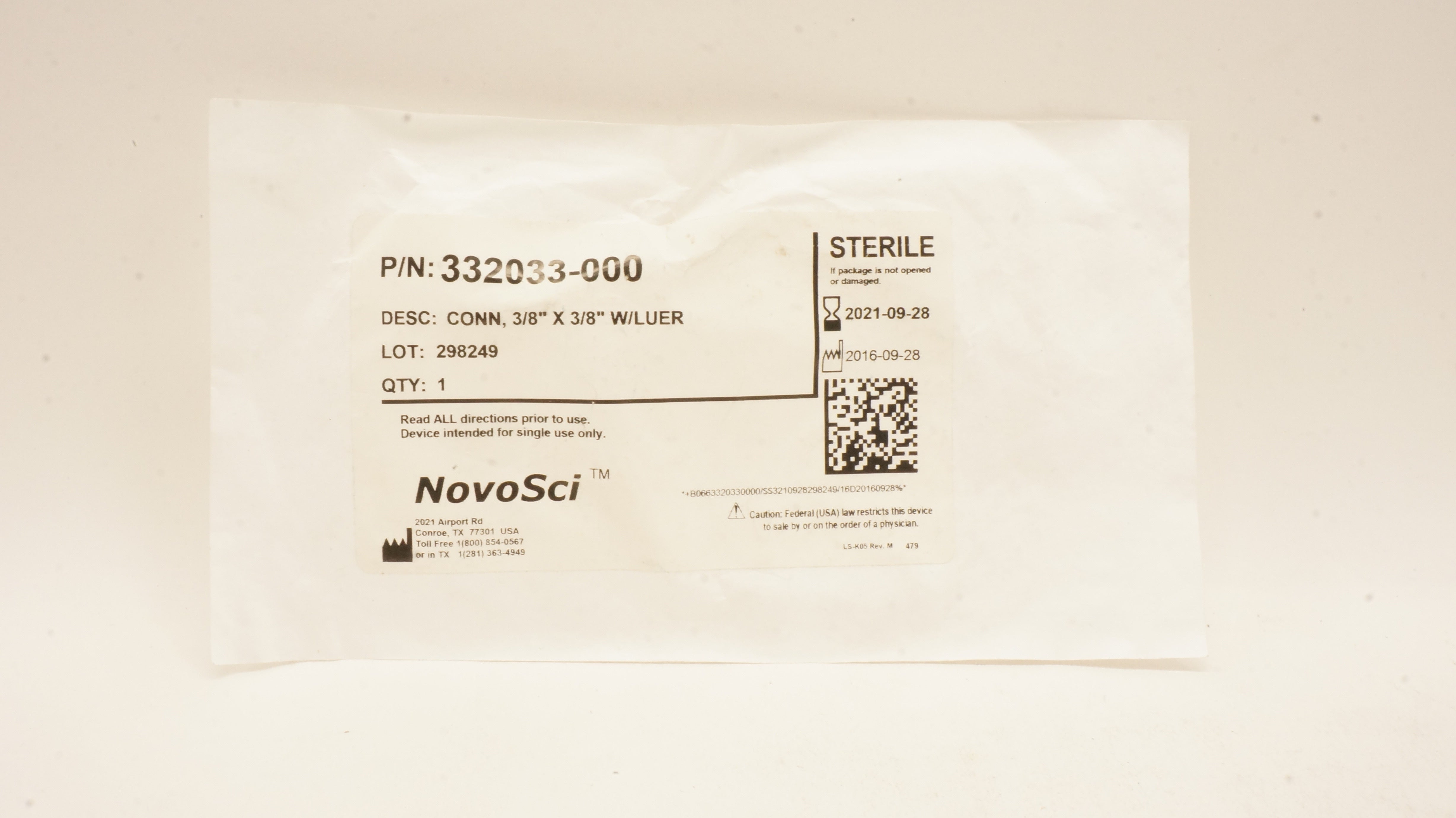NovoSci 332033-000 Conn 3/8inch x 3/8inch w/Luer