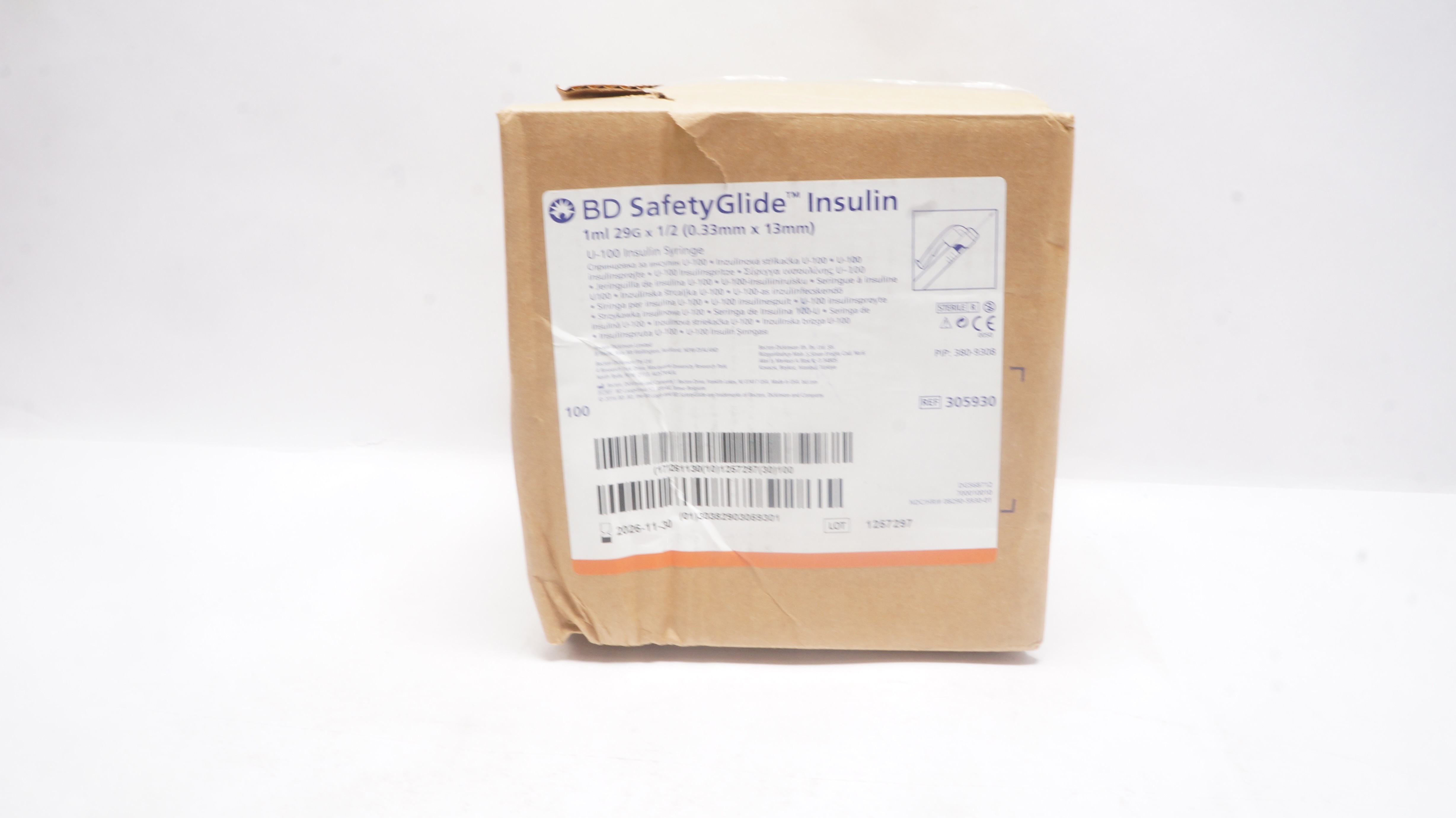 BD 305930 SafetyGlide U-100 Insulin Syringe 1ml 29G x 1/2inch - Case of 100