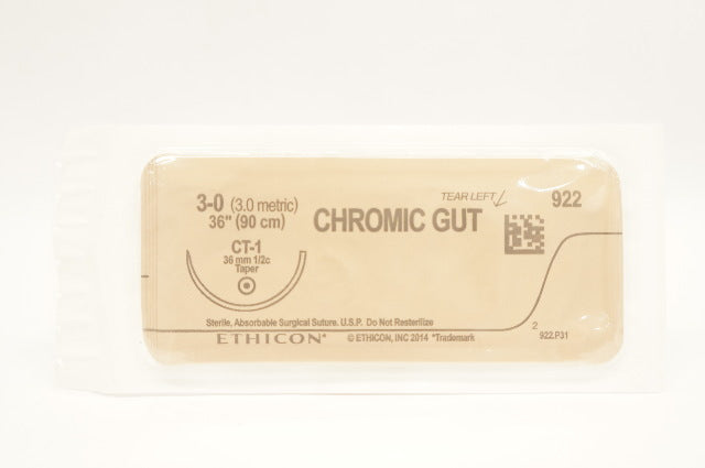 Ethicon 922 Chromic Gut Absorbable Stre CT-1 36mm 1/2c Taper 3-0 36inch