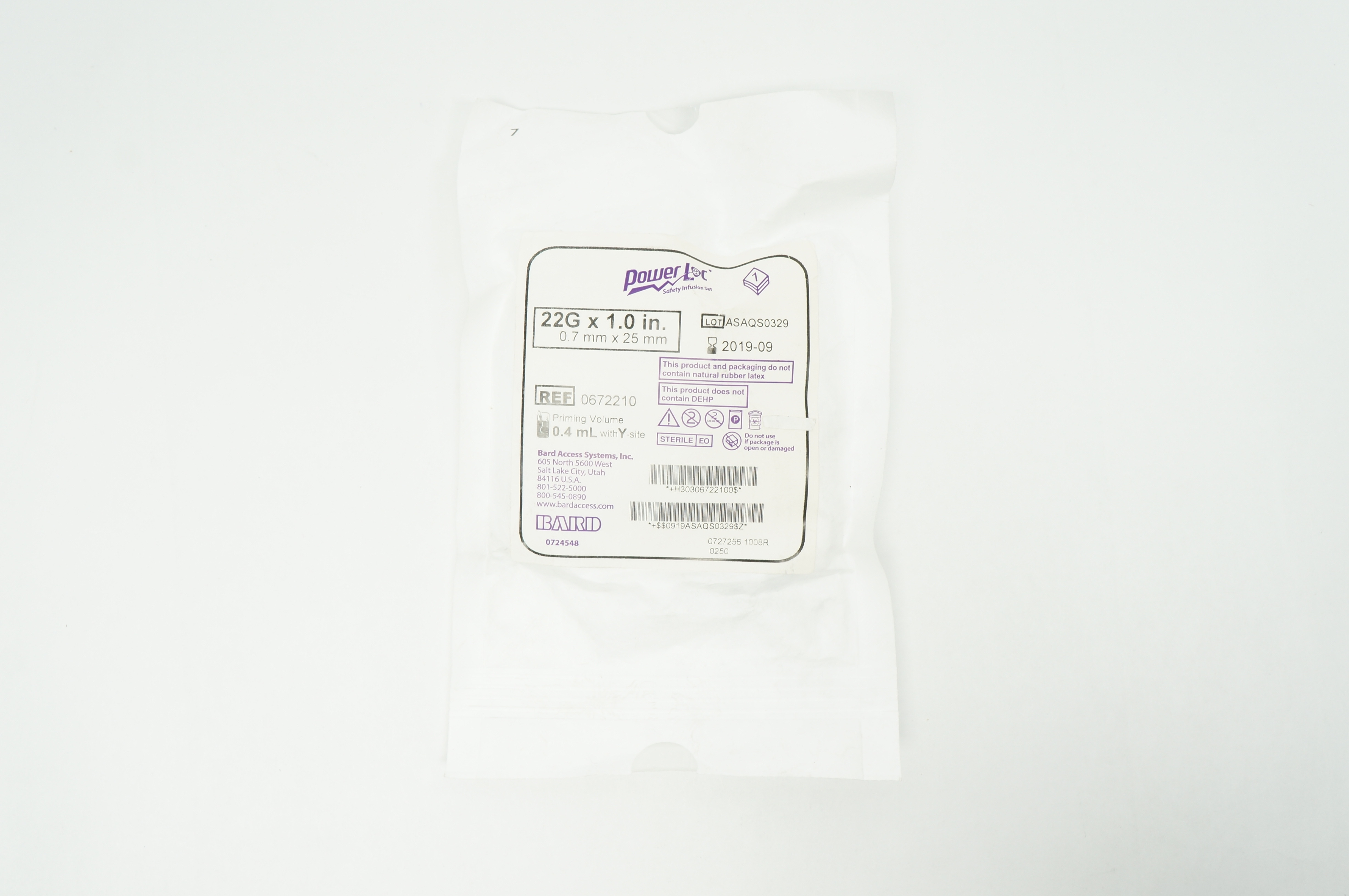 Bard 0672210 Power Loc Safety Infusion Set 22G x 1.0 in Priming Volume 0.4mL (x)