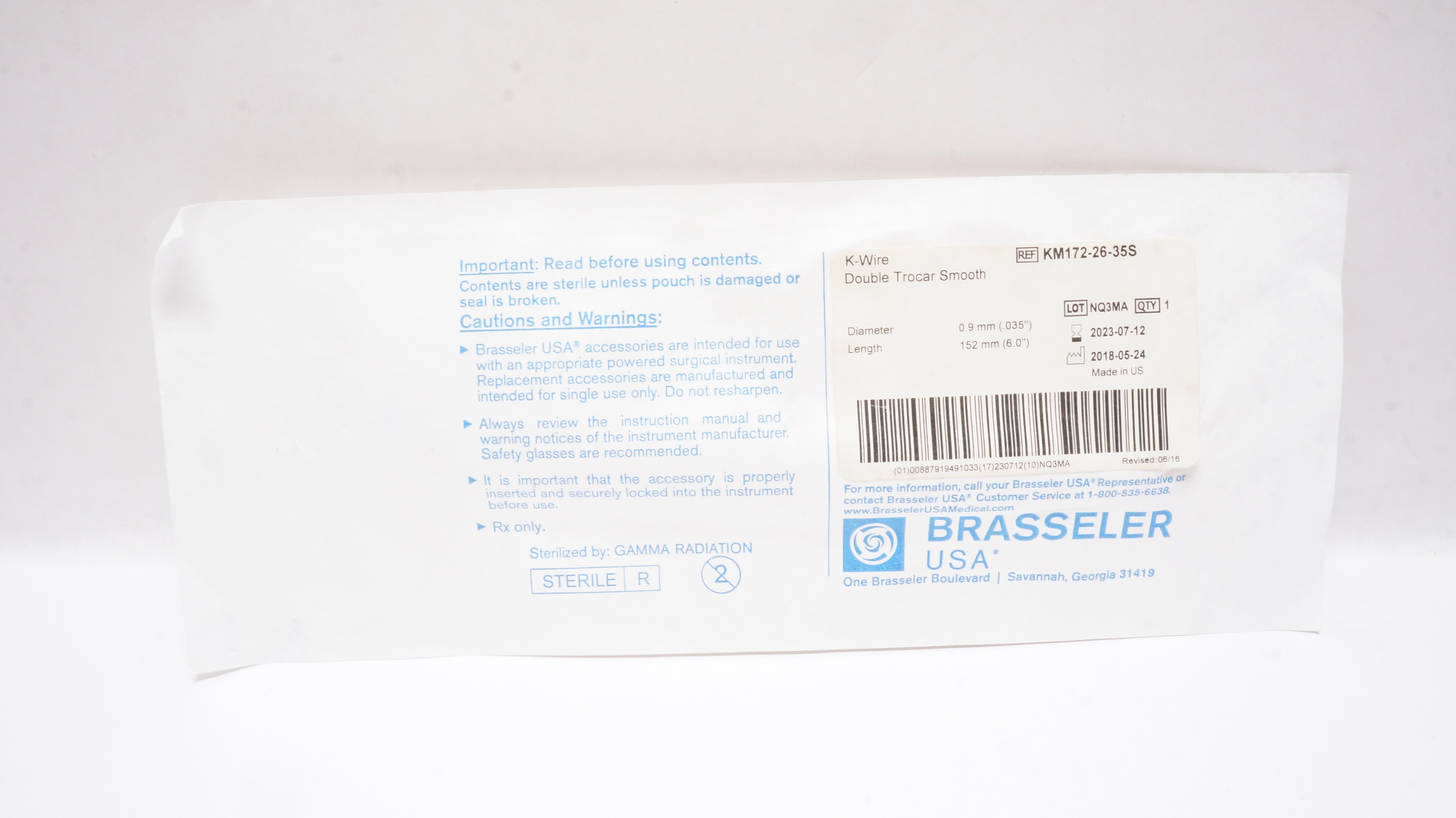 Brasseler KM172-26-35S K-Wire Double Trocar Smooth 0.035inch x 6.0inch