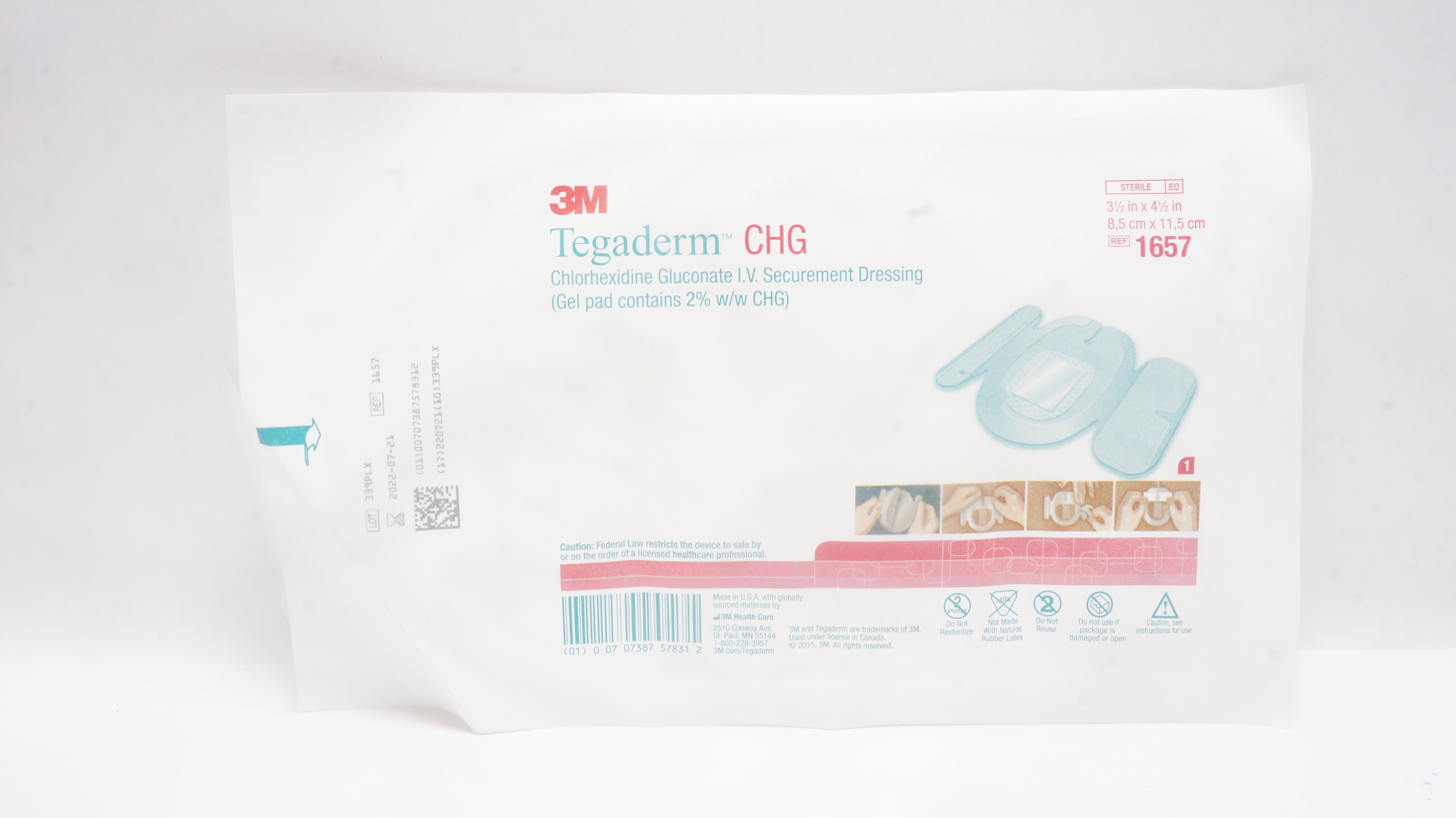 3M 1657 CHG Chlorhexidine Gluconate I.V. Securement Dressing 3-1/2x4-1/2inch(x)