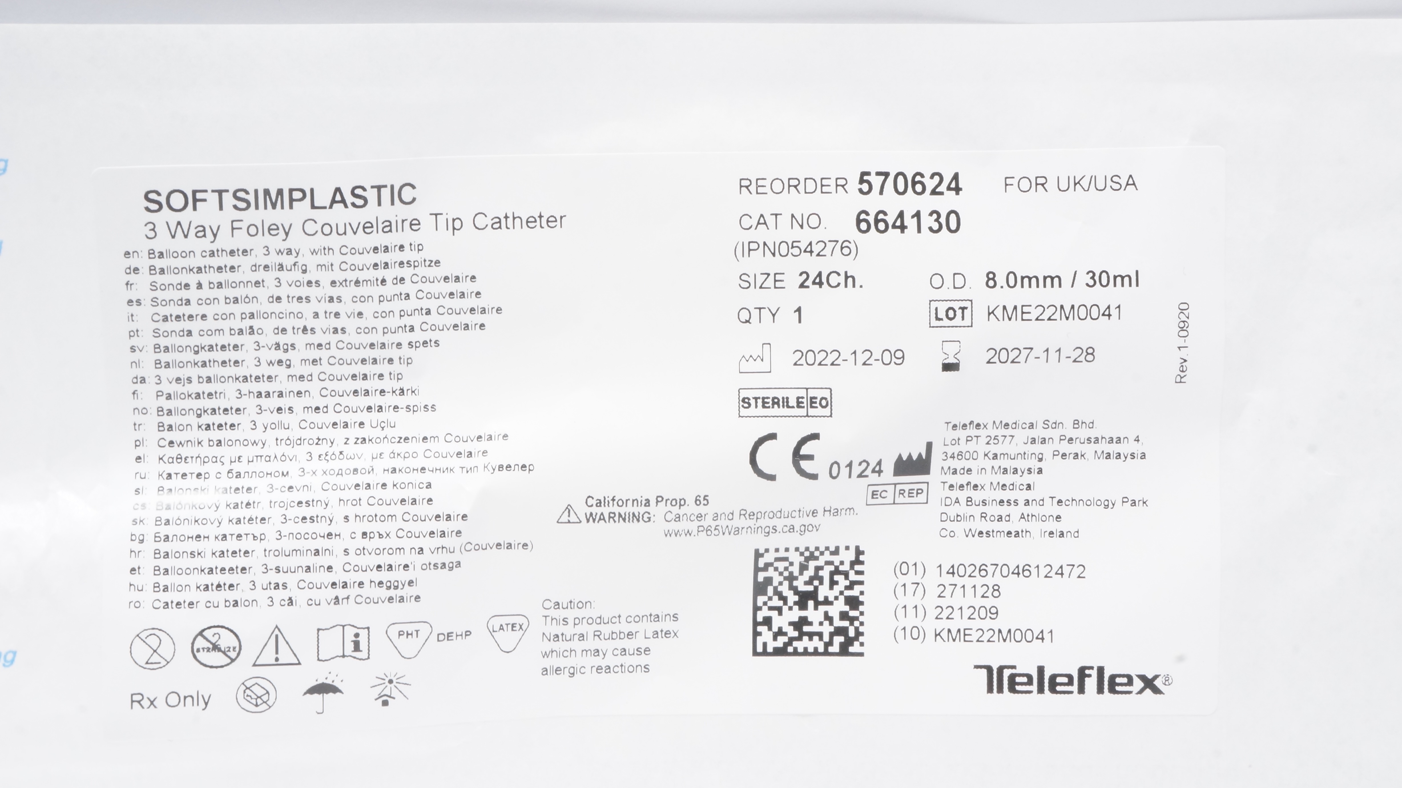 Teleflex 570624 SoftSimplastic 3Way Foley Couvelaire Tip Cath. 24Ch x 8.0mm/30ml