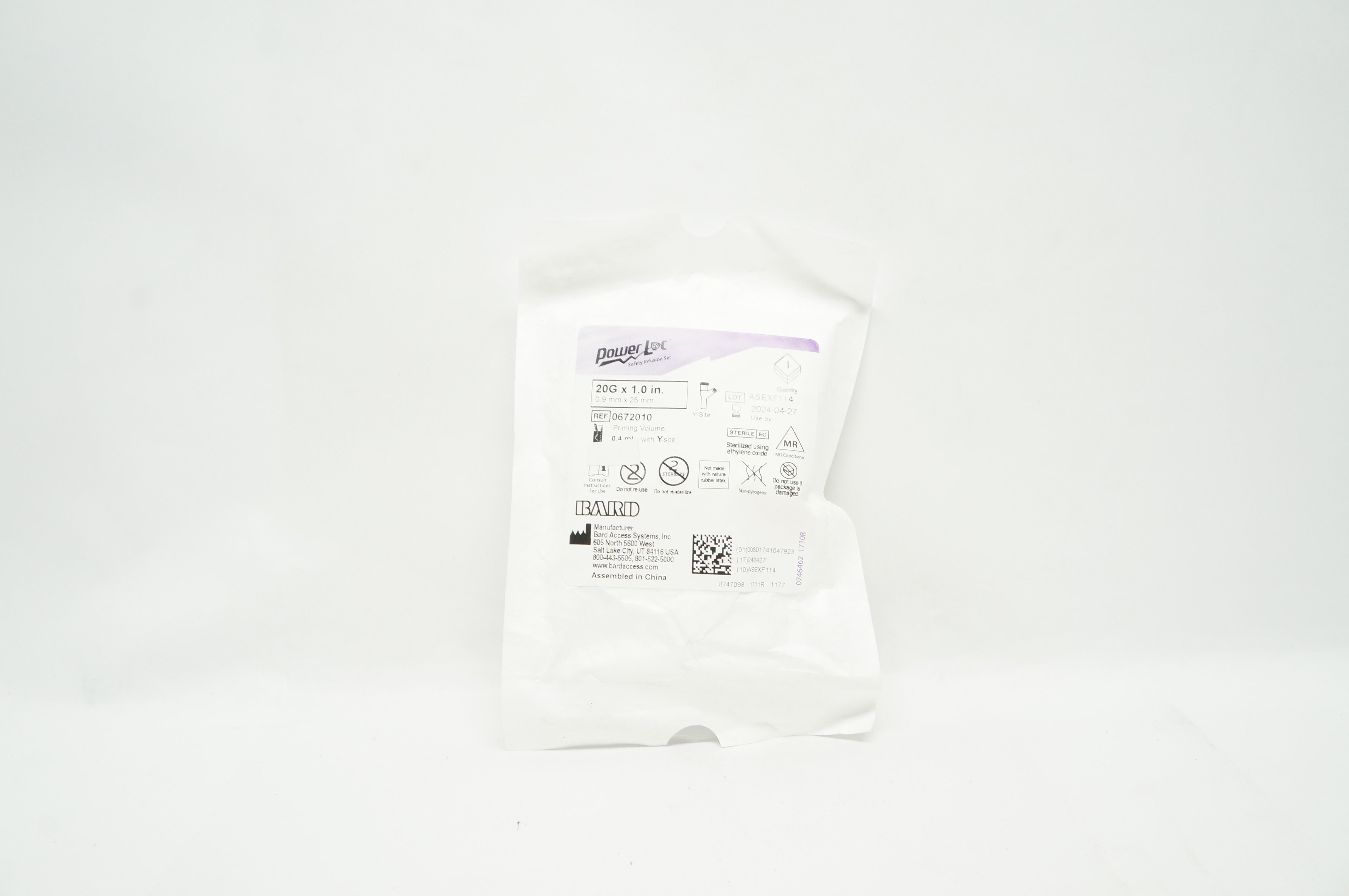 Bard 0672010 Power Loc Safety Infusion Set 20G x 1.0 inch, Prim. Vol. 0.4mL