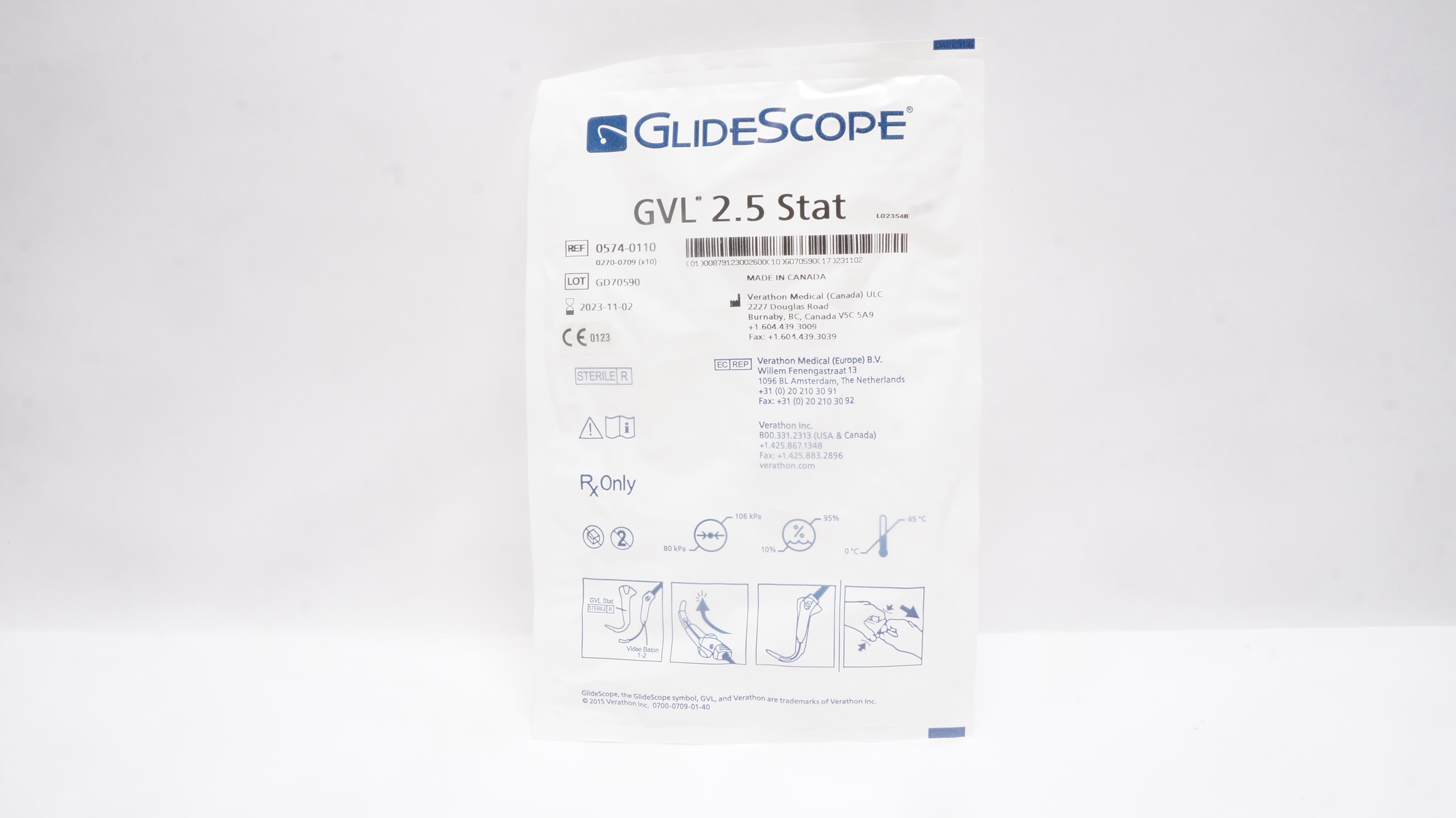 Verathon 0574-0110 GlideScope GVL 2.5 Stat Video Laryngoscope (x)