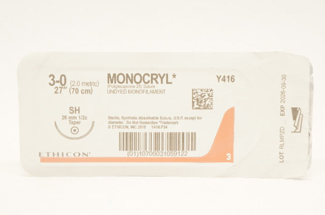 Ethicon Y416 3-0 Monocryl Undyed Monofilament Stre SH 26mm 1/2c Taper, 27inch