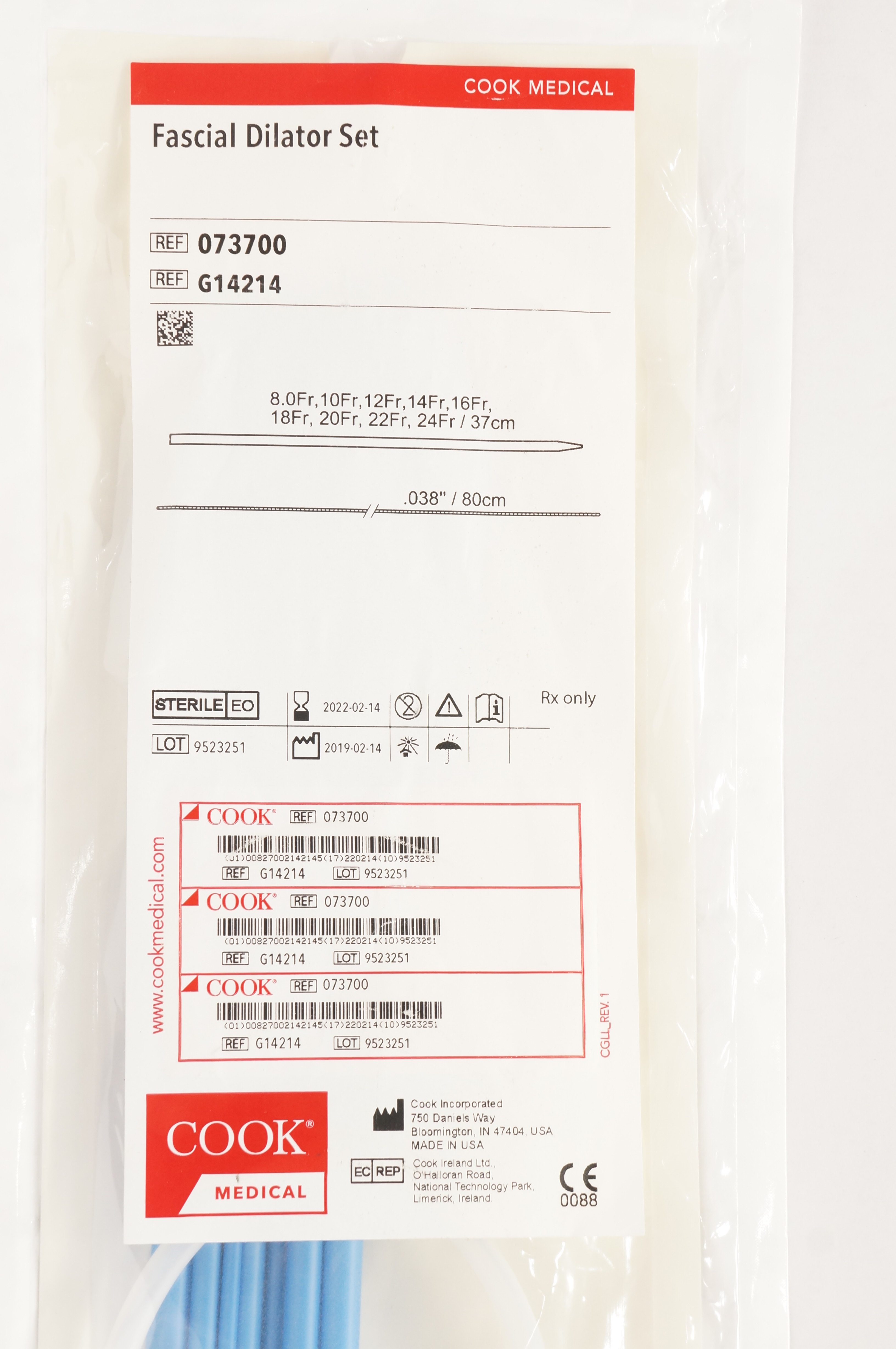 Cook Medical G14214 Fascial Dilator Set 8.0 to 24 Fr x 37 cm (x)