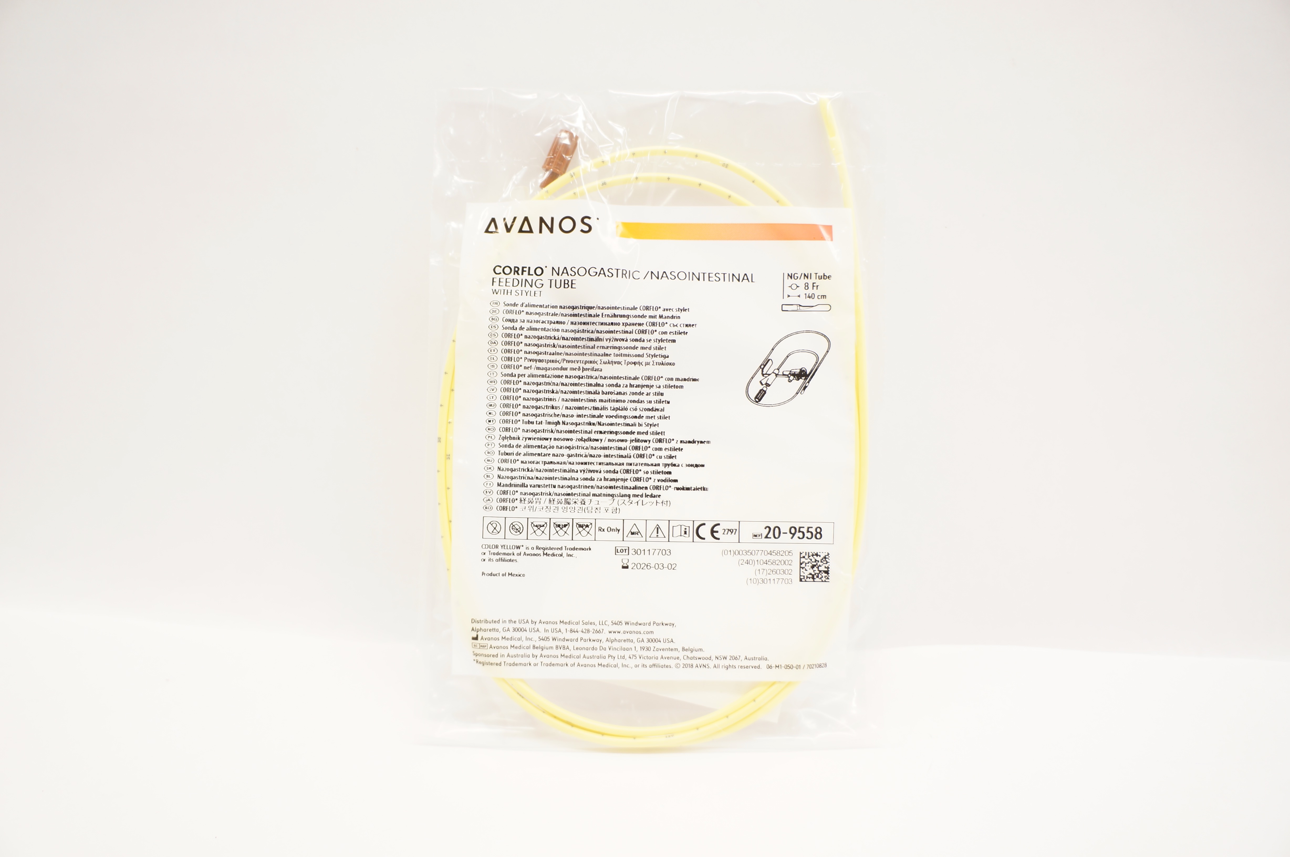Avanos 20-9558 Nasogastric/Nasointestinal Feeding Tube 8Fr x 140cm