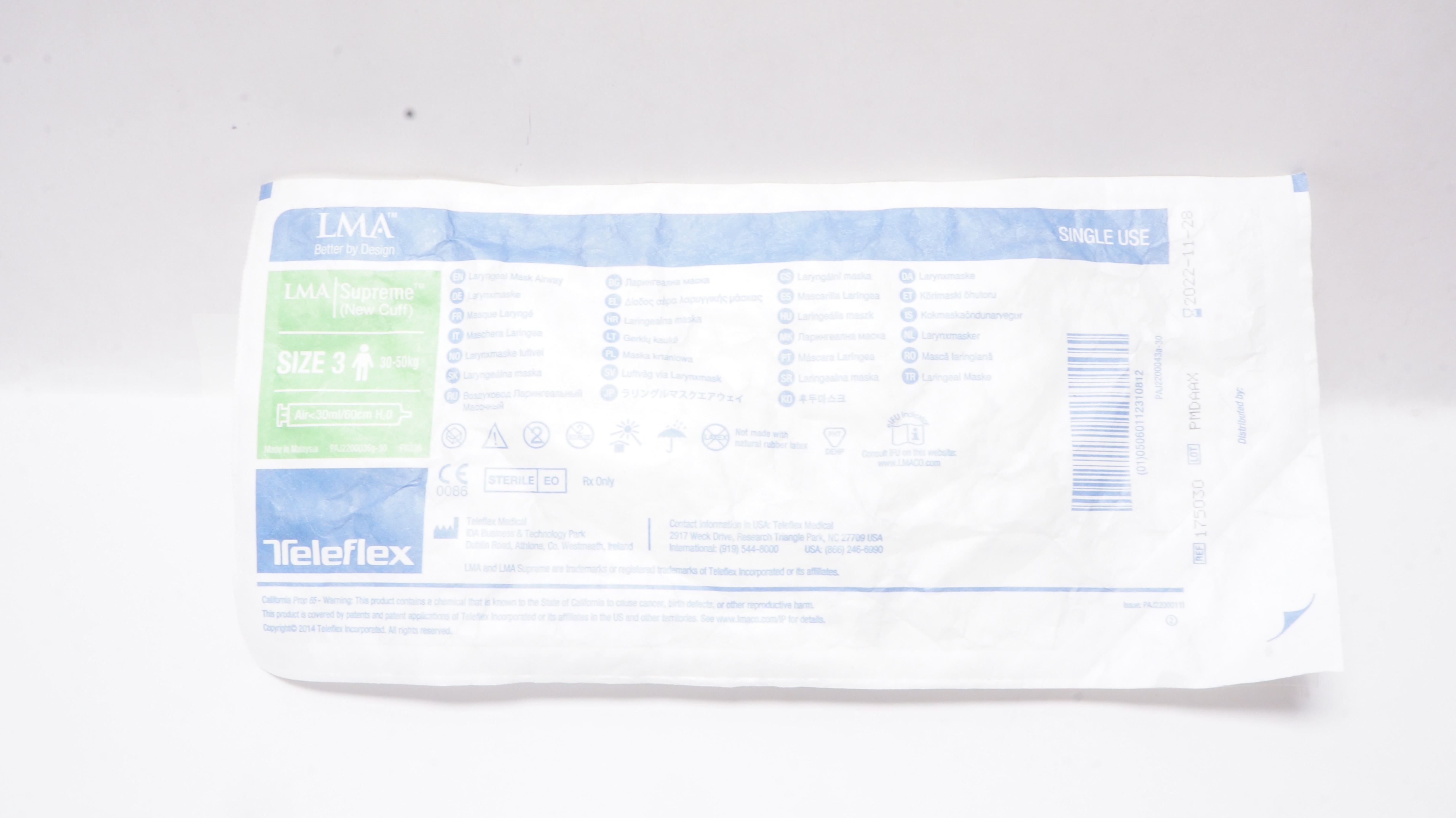 Teleflex 175030 LMA Supreme Laryngoscope Mask Airway Size 3 30-50kg<30ml/60cm(x)