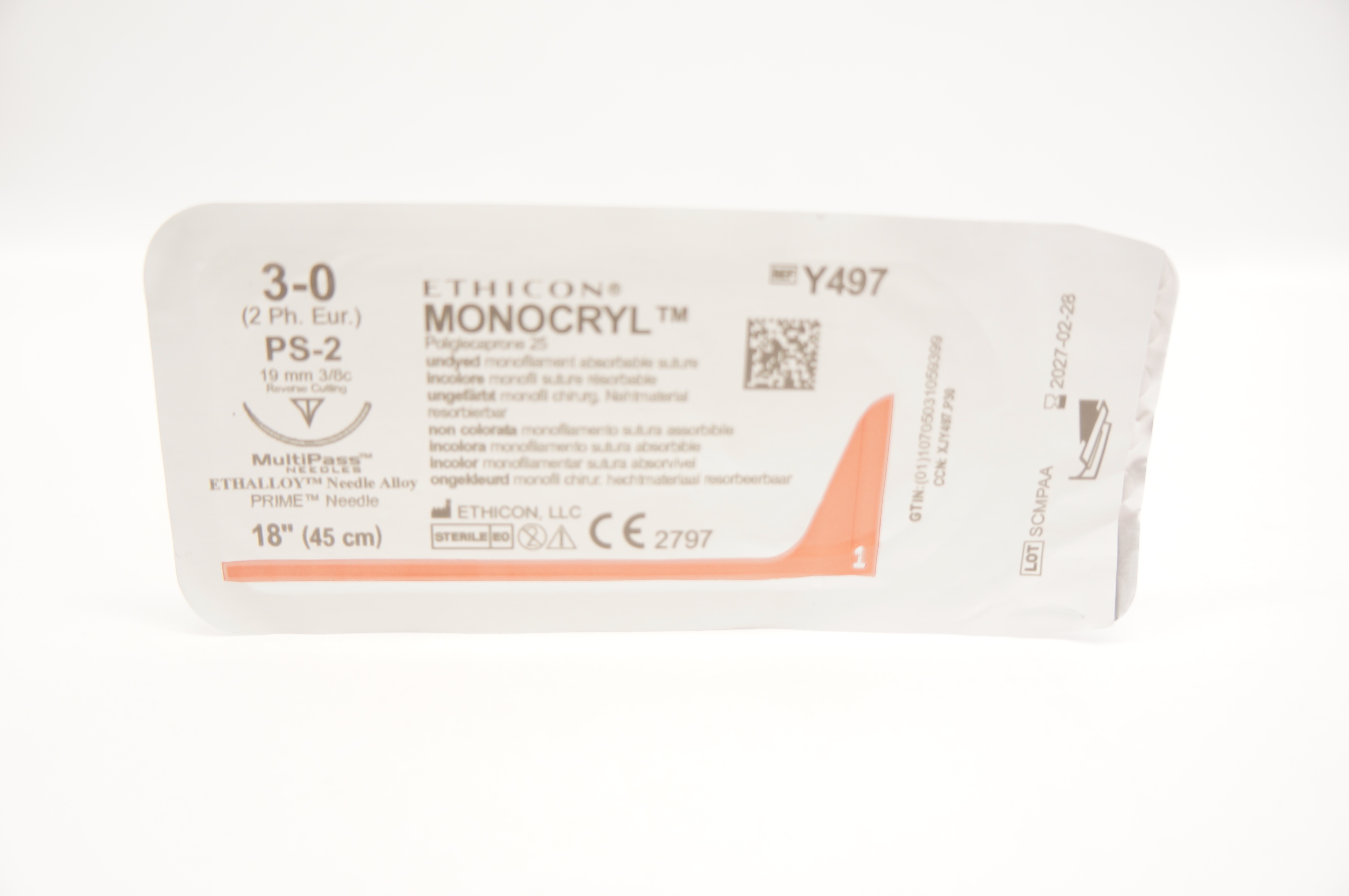 Ethicon Y497 3-0 MONOCRYL Stre PS-2 19mm 3/8c Reverse Cutting 18inch