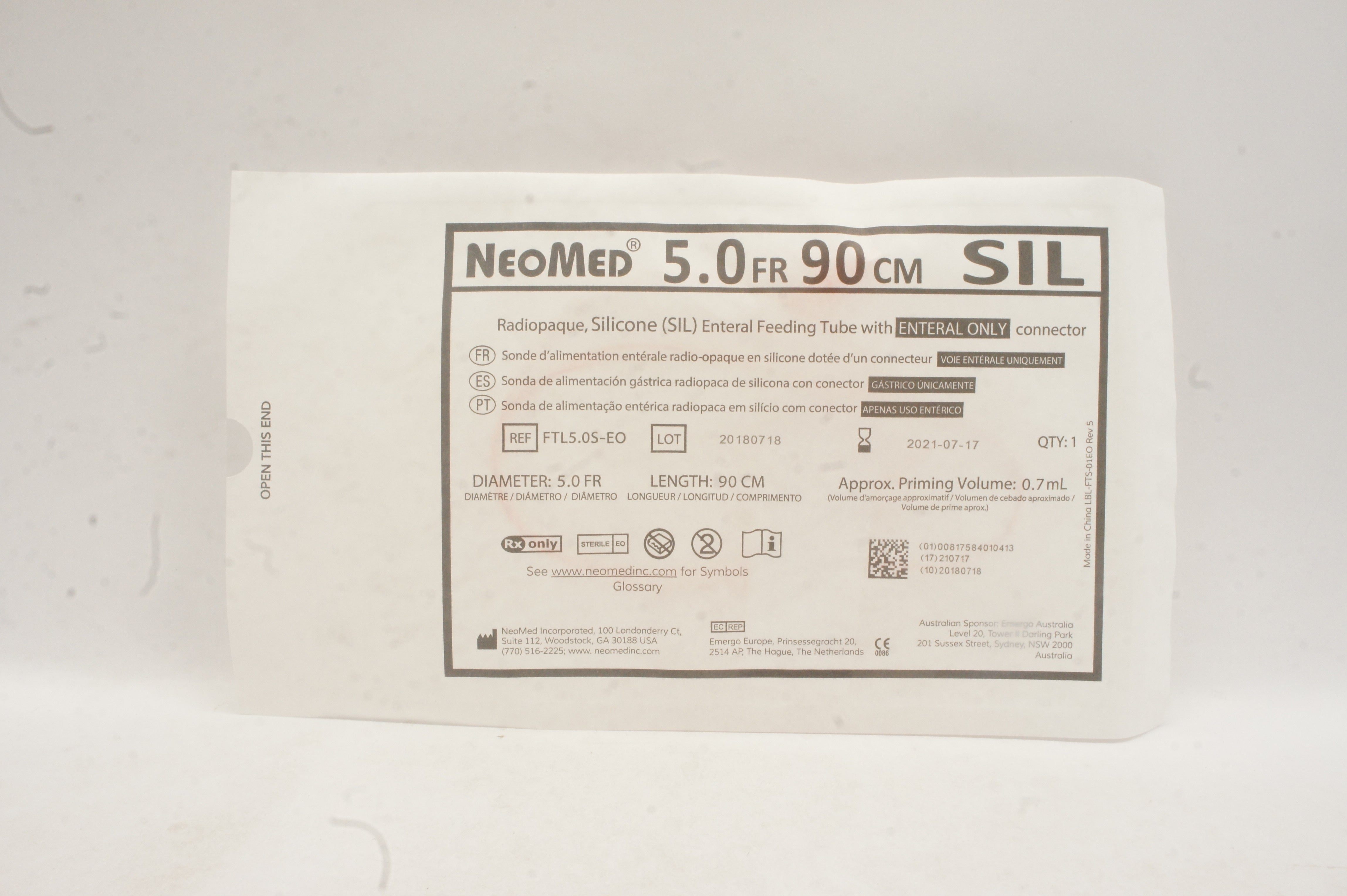 NeoMed FTL5.OSEO Radiopaque SIL Silicone Enteral Feeding Tube 5.0Fr 90cm