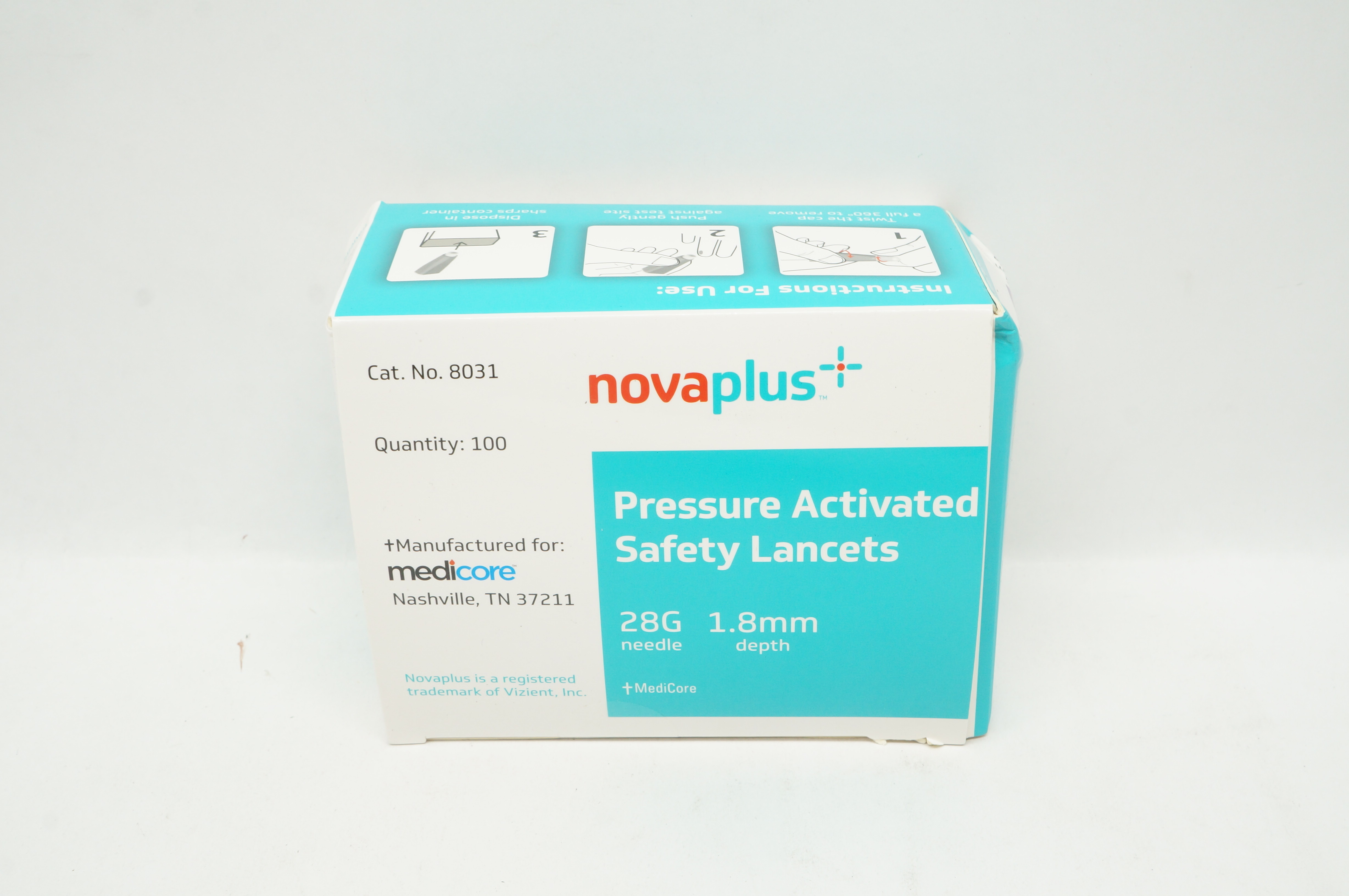 MediCore 8031 NovaPlus Pressure Activated Safety Lancets 28G x 1.8mm -Box of 100