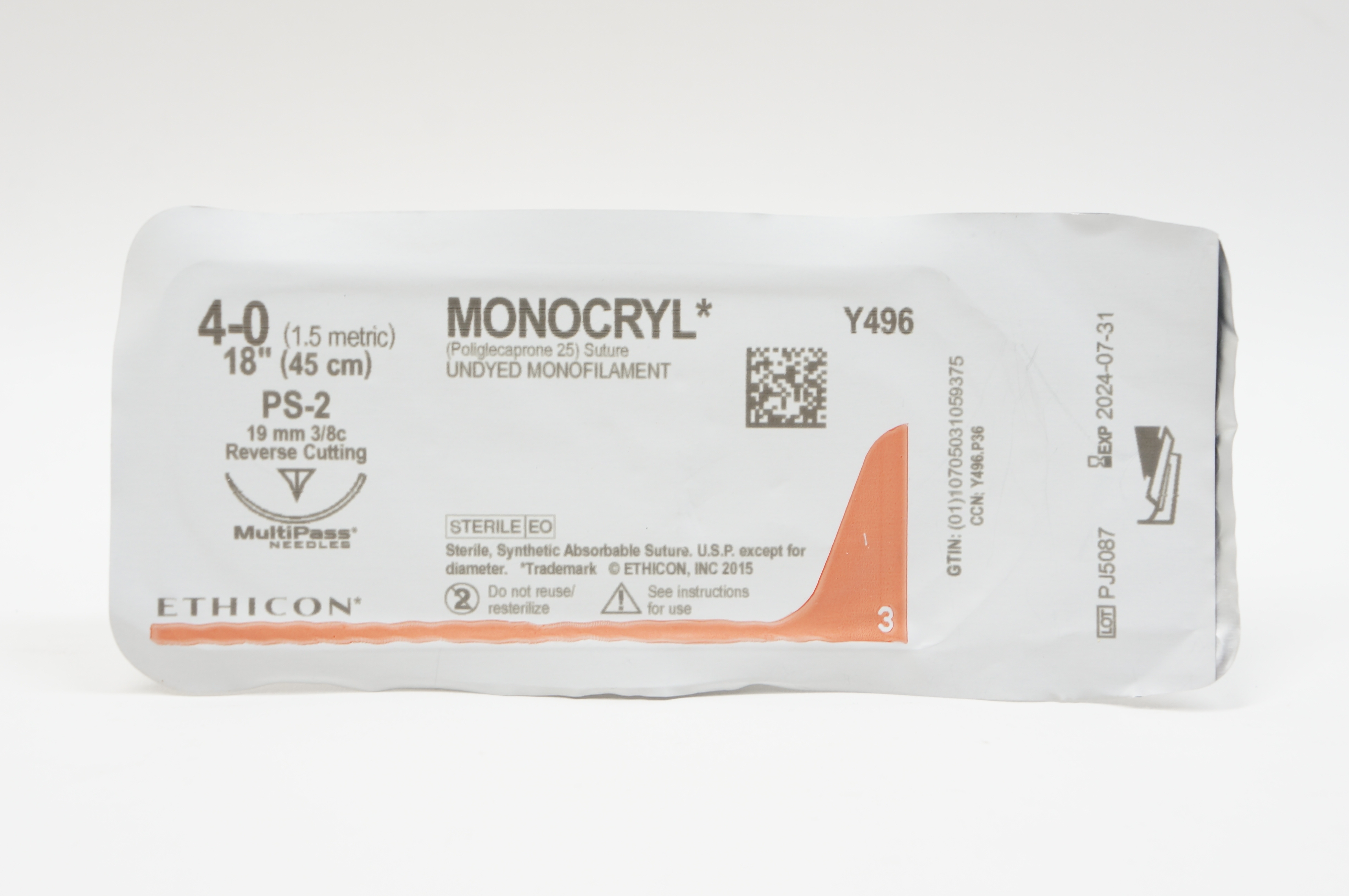Ethicon Y496 4-0 MONOCRYL, PS-2, 19mm 3/8c Reverse Cutting, 18inch