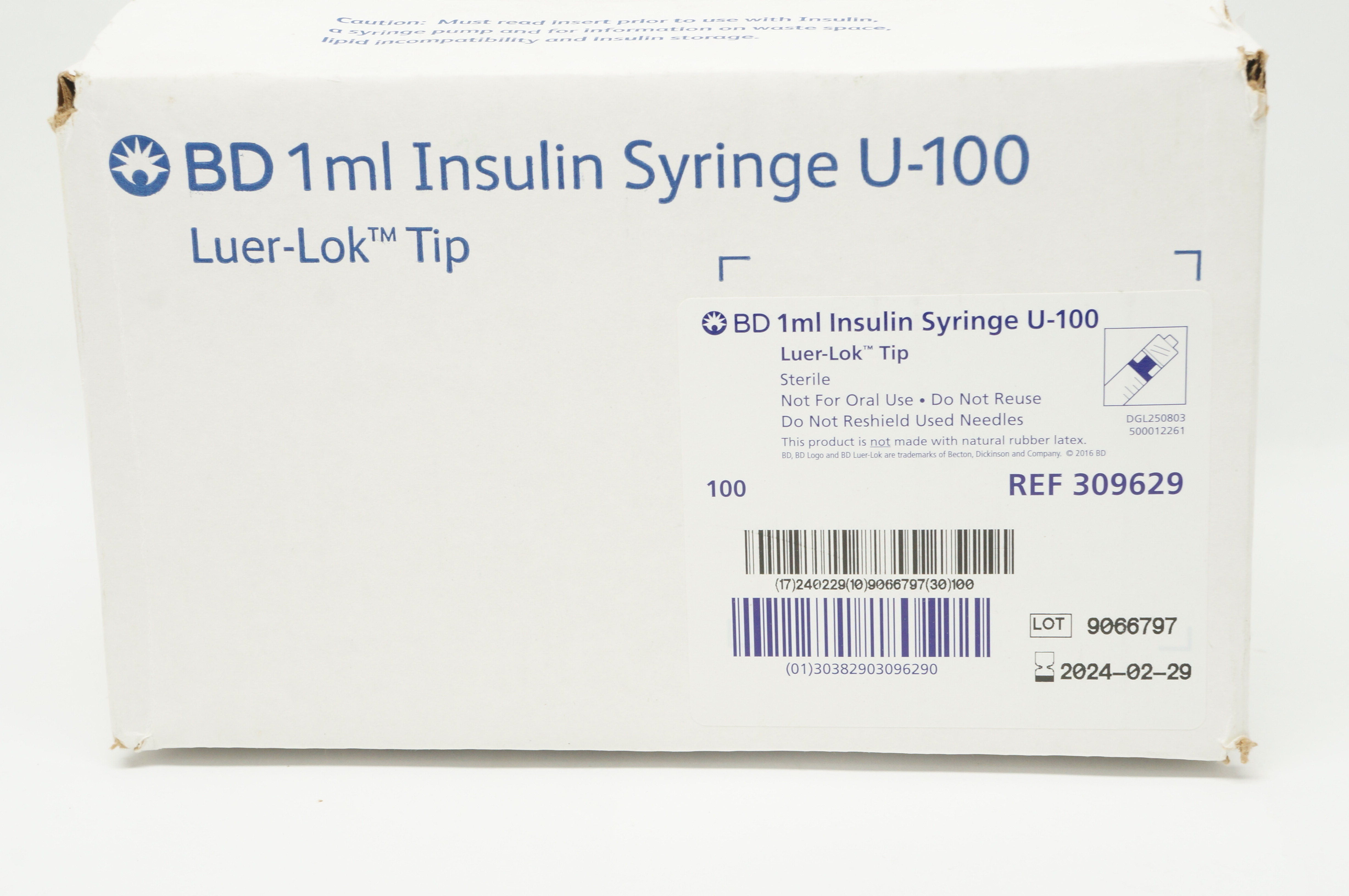 BD 309629 Luer-Lok Tip 1ml Insulin Syringe U-100 - Box of 100