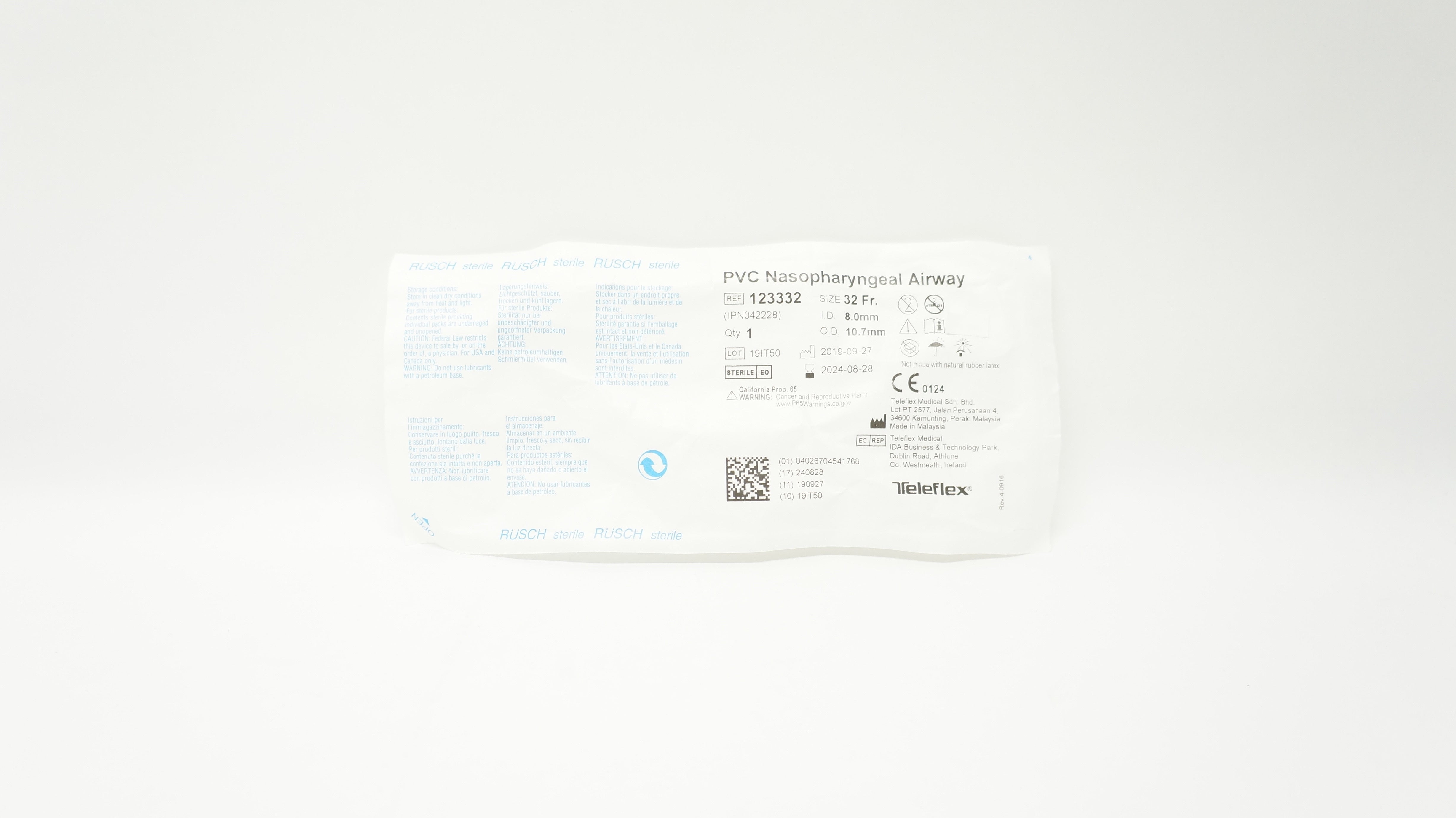 Teleflex 123332 Rusch PVC Nasopharyngeal Airway 32 Fr x 8.0mm I.D. x 10.7mm O.D.