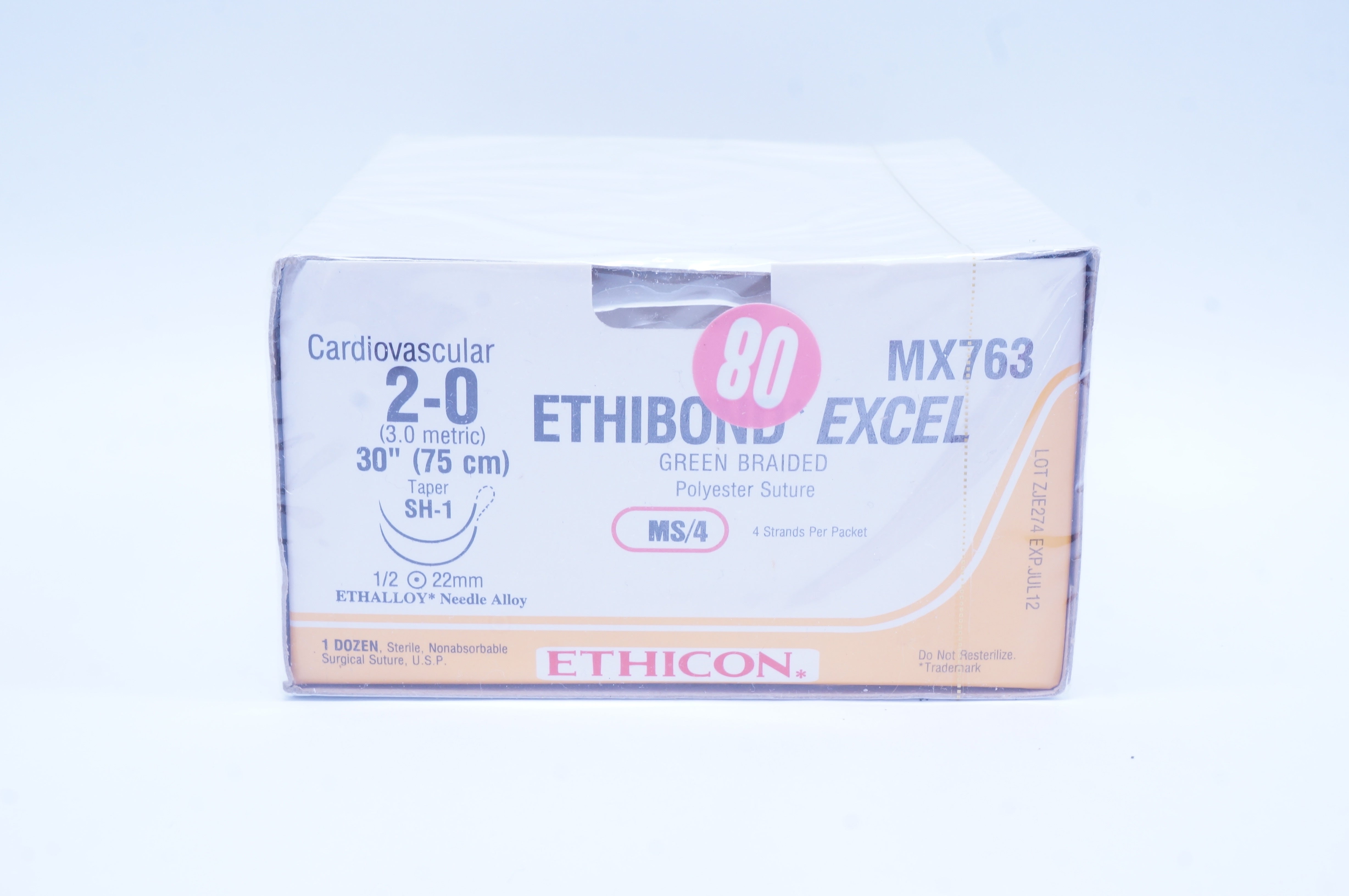 Ethicon MX763 2-0 Polyester Stre, Taper SH-1 1/2 22mm, 30in. (x) - Box of 12