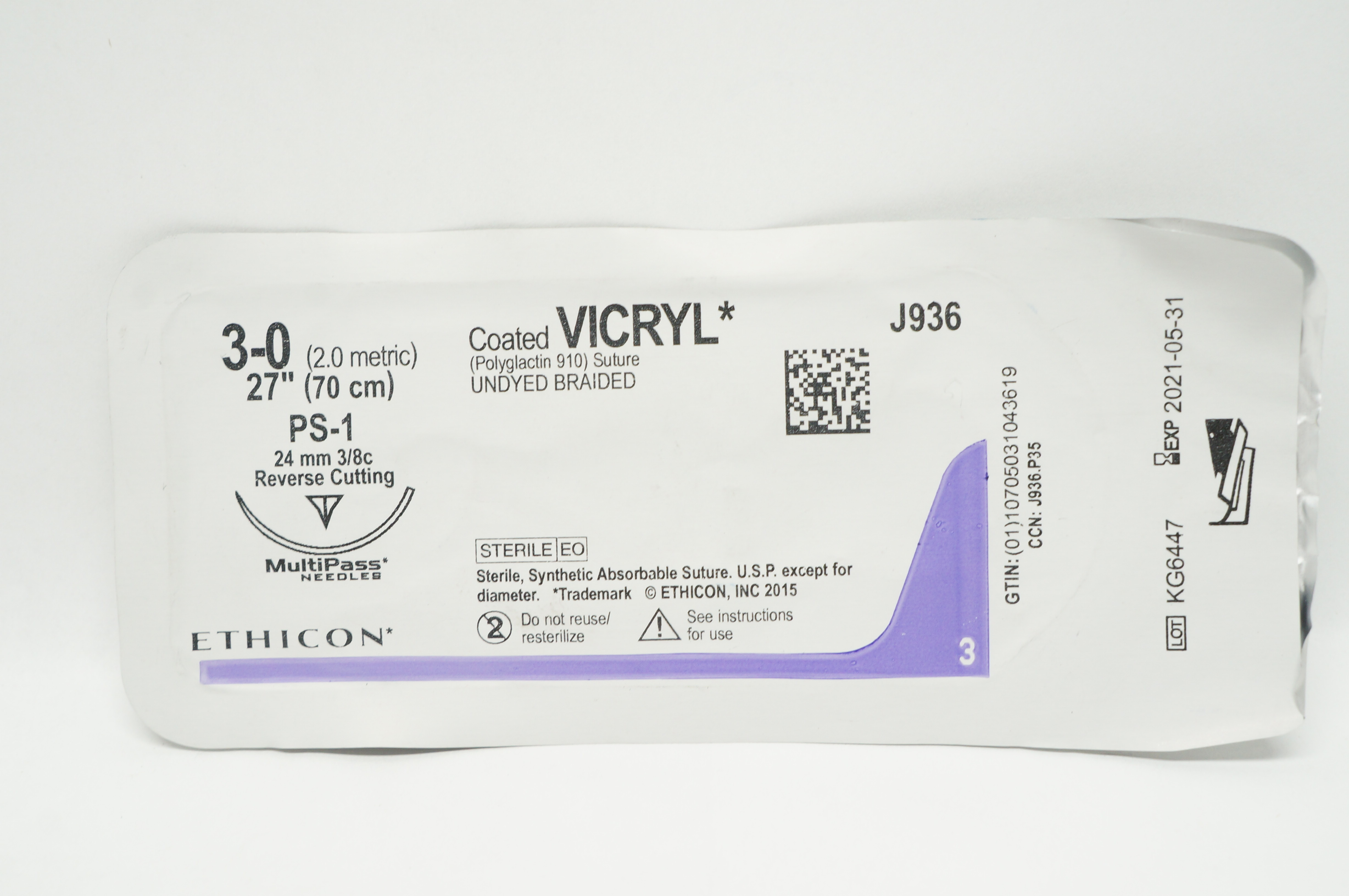 Ethicon J936 3-0 VICRYL, PS-1, 24mm 3/8c Reverse Cutting, 27inch (x)