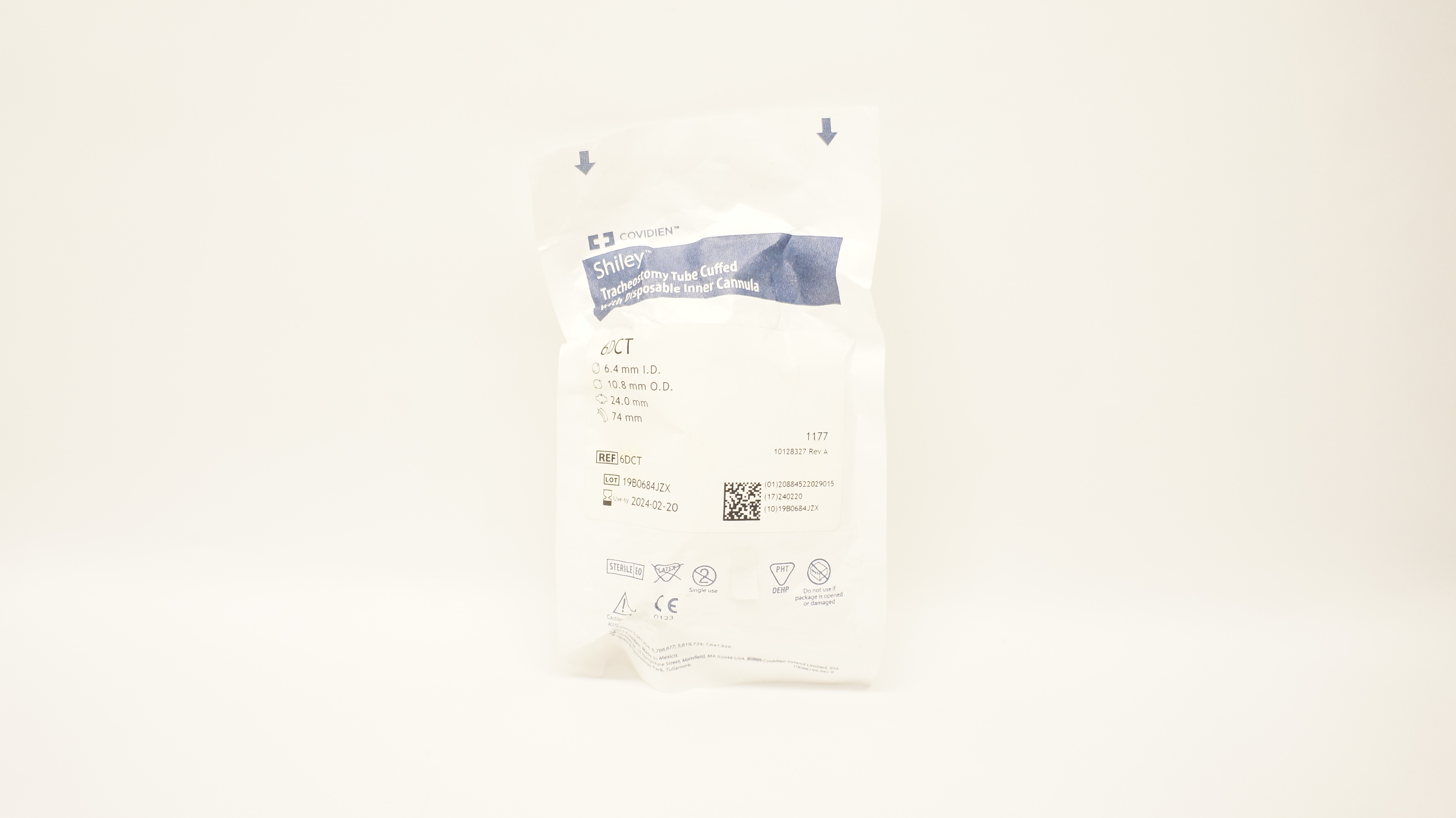 Covidien 6DCT Shiley Tracheostomy Tube Cuffed 6.4 I.D. x 10.8 O.D. x 24.0 x 74mm