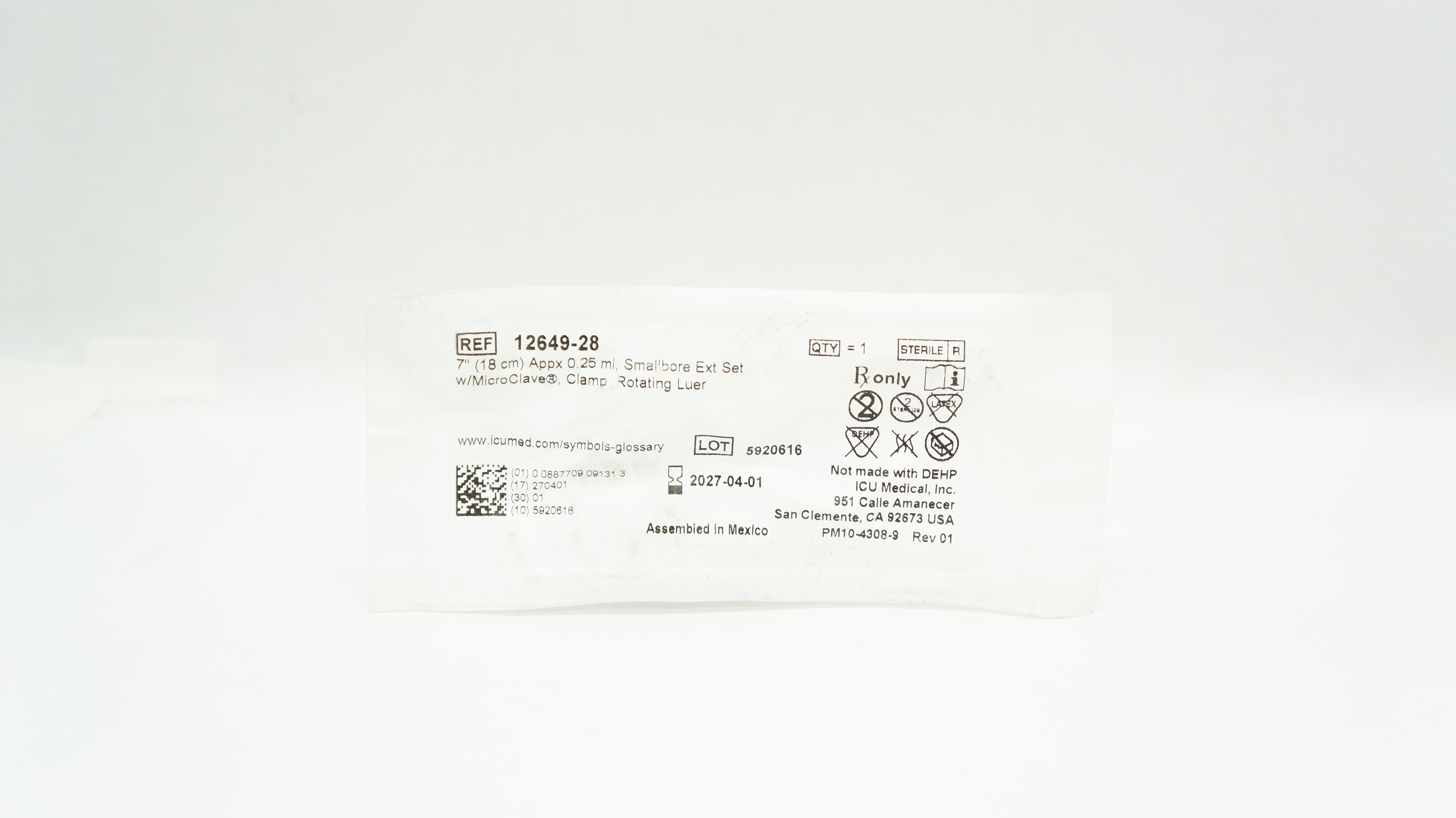 ICU Medical 12649-28 Smallbore Extension Set 7inch Appx 0.25ml w/MicroClave