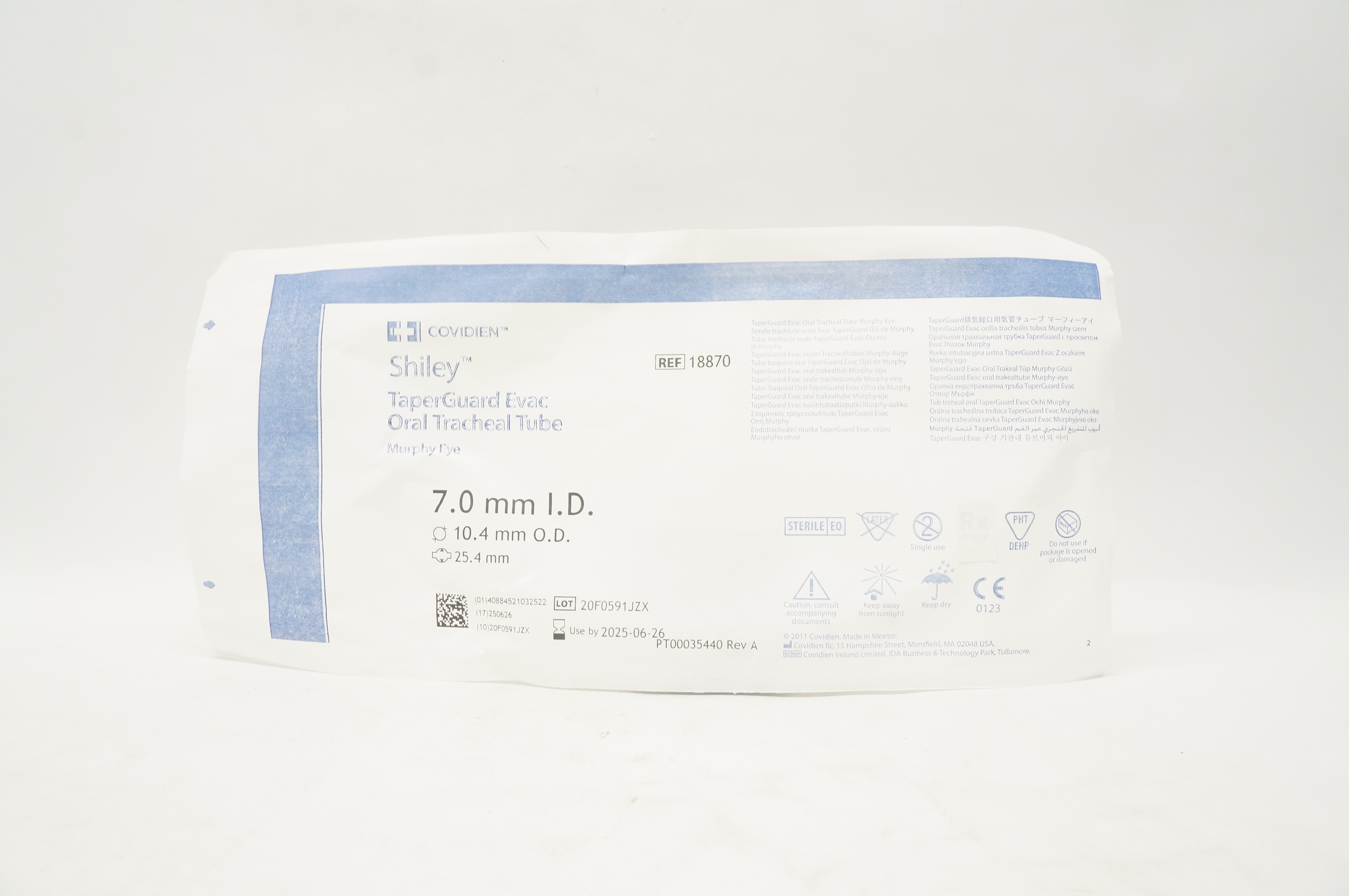 Covidien 18870 Shiley TaperGuard Evac Oral Tracheal Tube 7.0ID x 10.4OD x 25.4mm