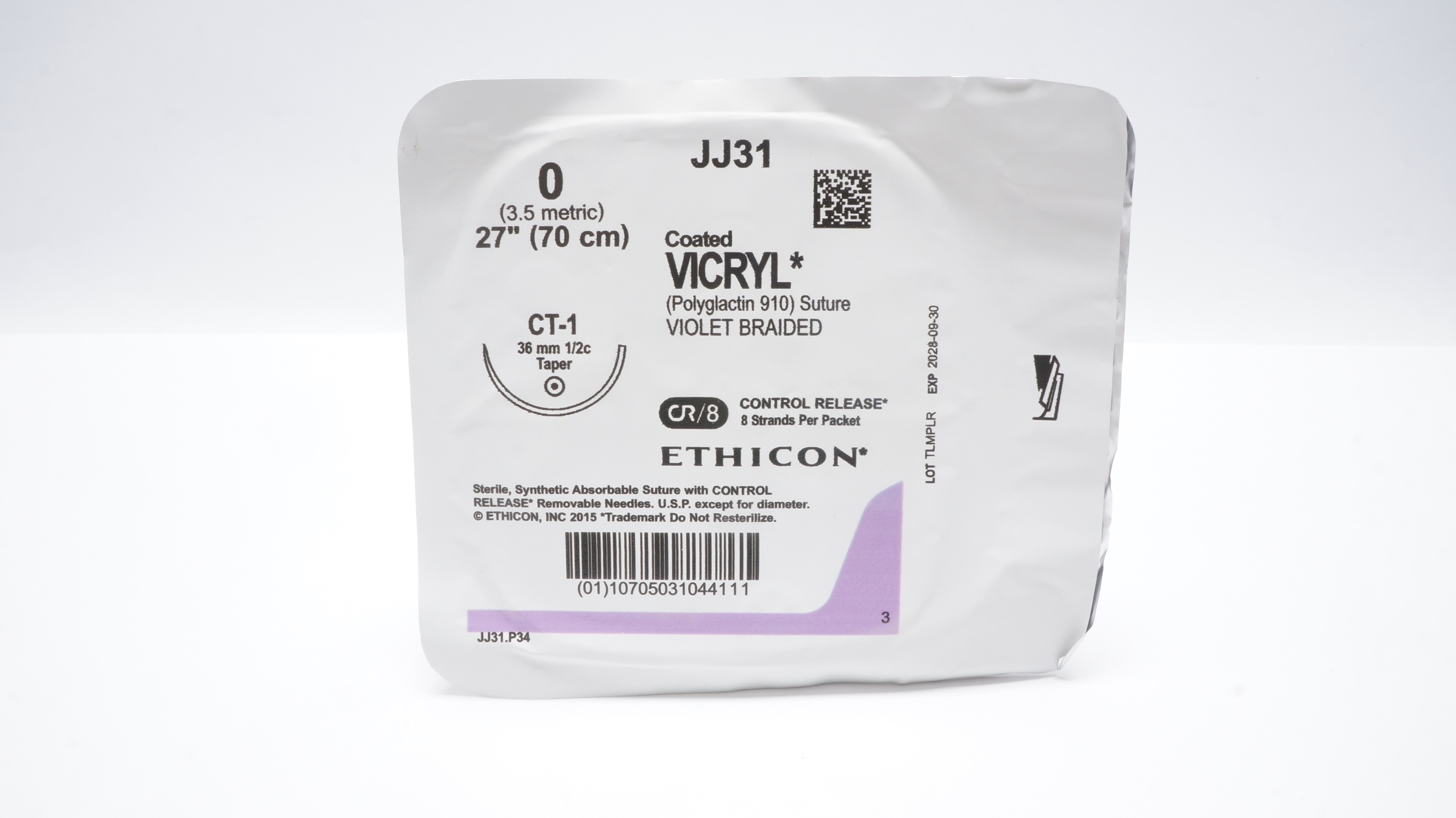 Ethicon JJ31 0 Coated Vicryl Violet Braided Stre CT-1 36mm 1/2c Taper, 27inch