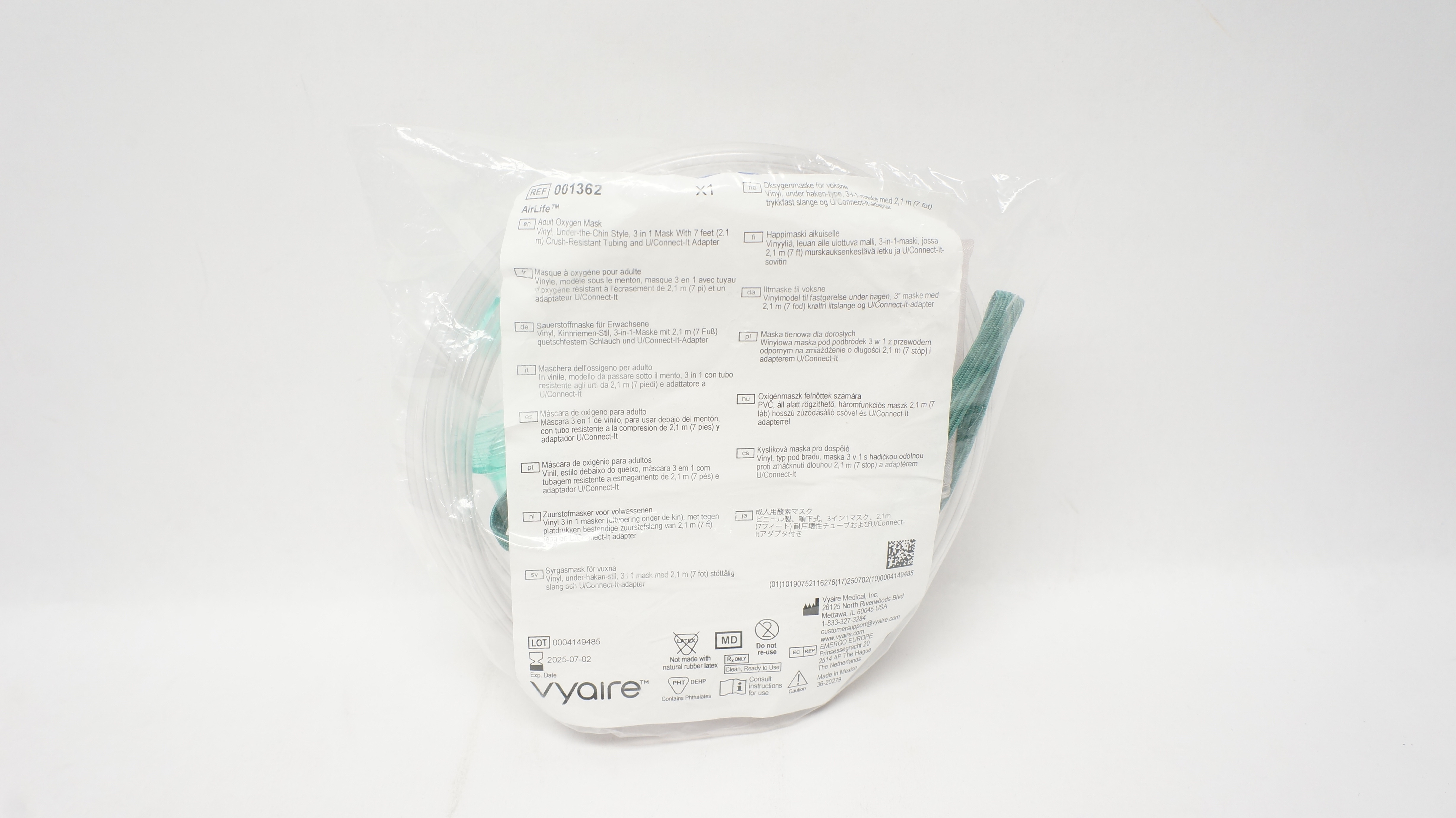 Vyaire 001362 AirLife Adult Oxygen Mask Vinyl w/7ft. Tubing & U/Connect Adapter