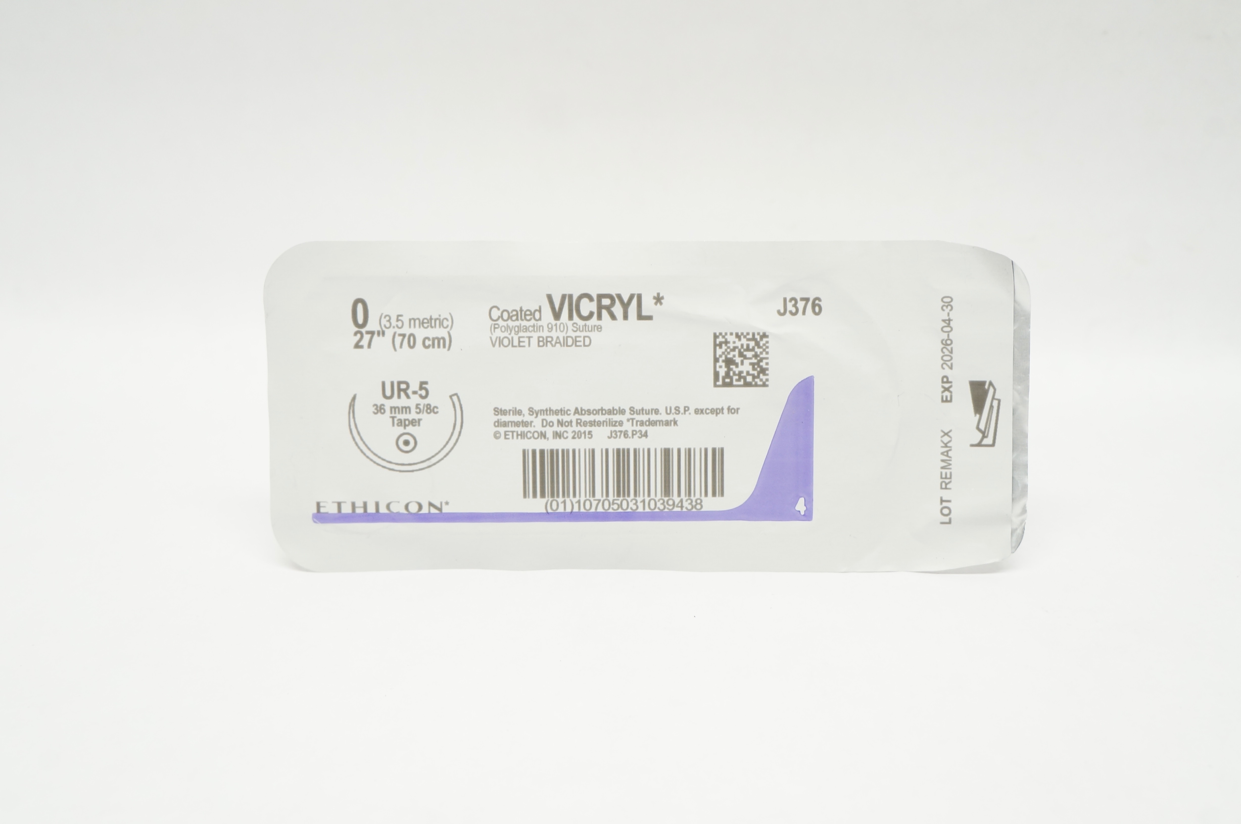 Ethicon J376 0 Coated VICRYL Polyglactin 910 Stre UR-5 36mm 5/8c Taper, 27inch