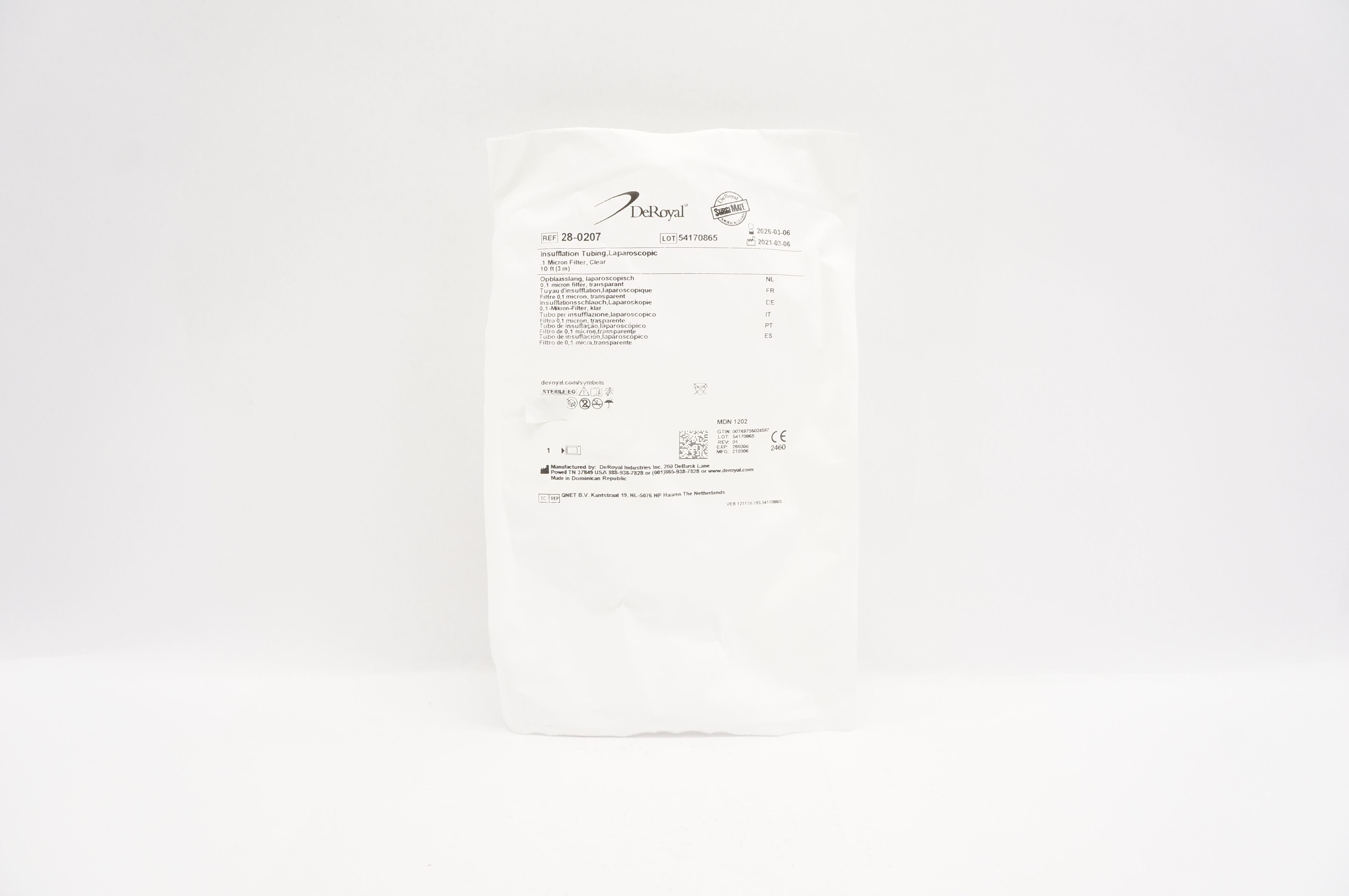 DeRoyal 28-0207 Insufflation Tubing Laparoscopic 1 Micron Filter Clear 10ft
