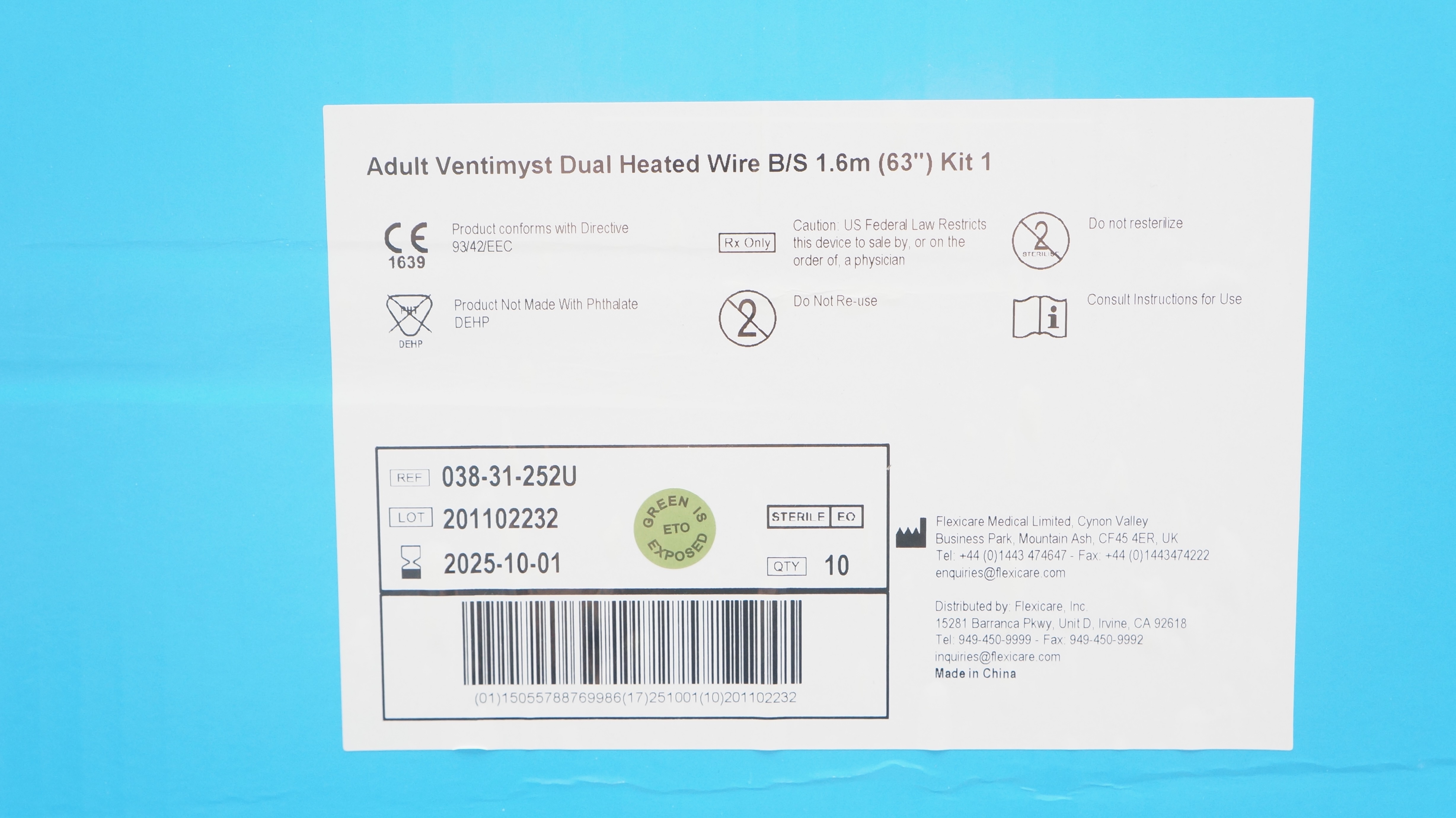 Flexicare Medical 038-31-252U Adult Dual Heated Wire B/S 63inch Kit 1- Box of 10