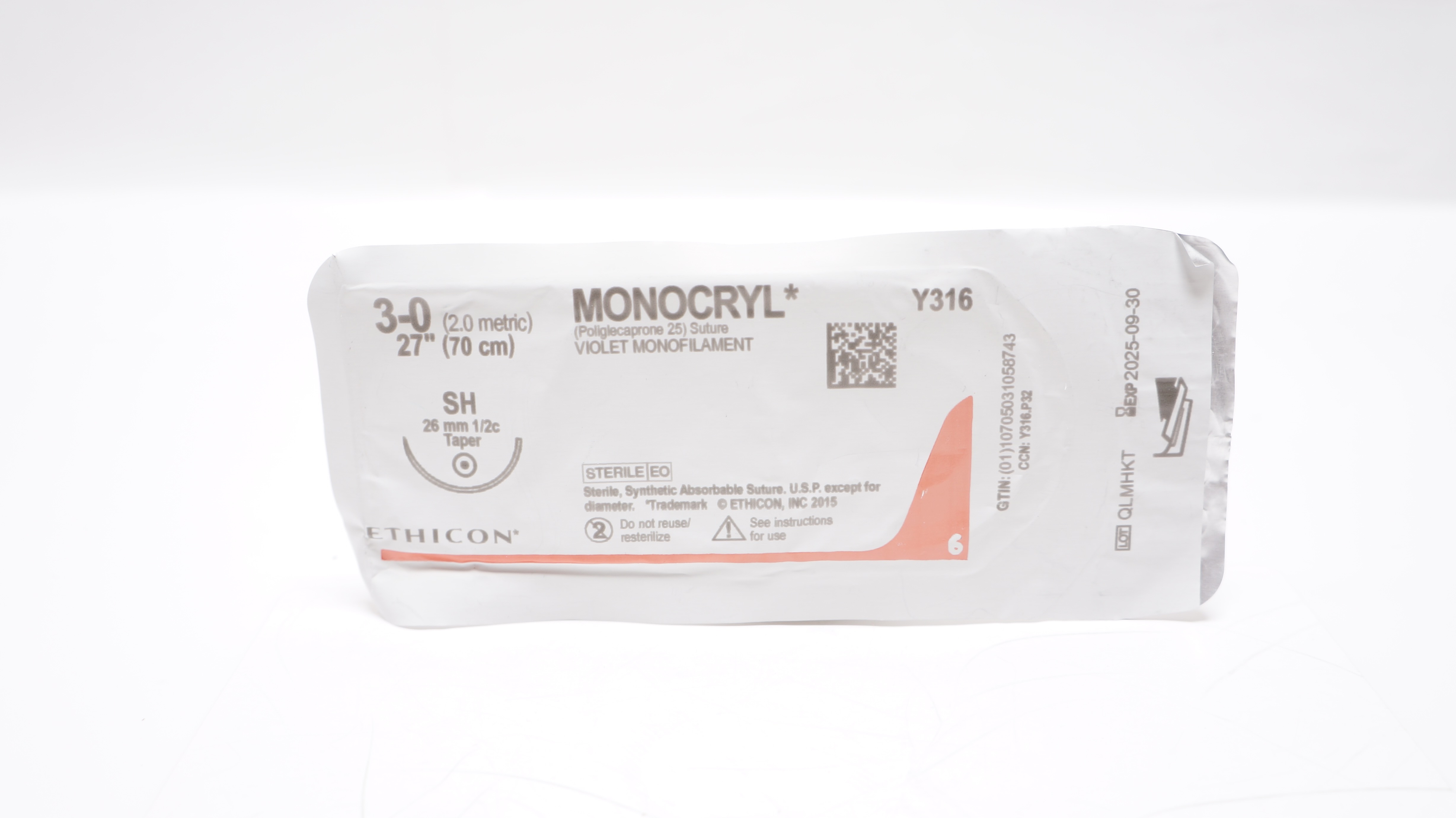 Ethicon Y316 3-0 MONOCRYL Violet Monofilament, SH, 26mm 1/2c Taper, 27inch