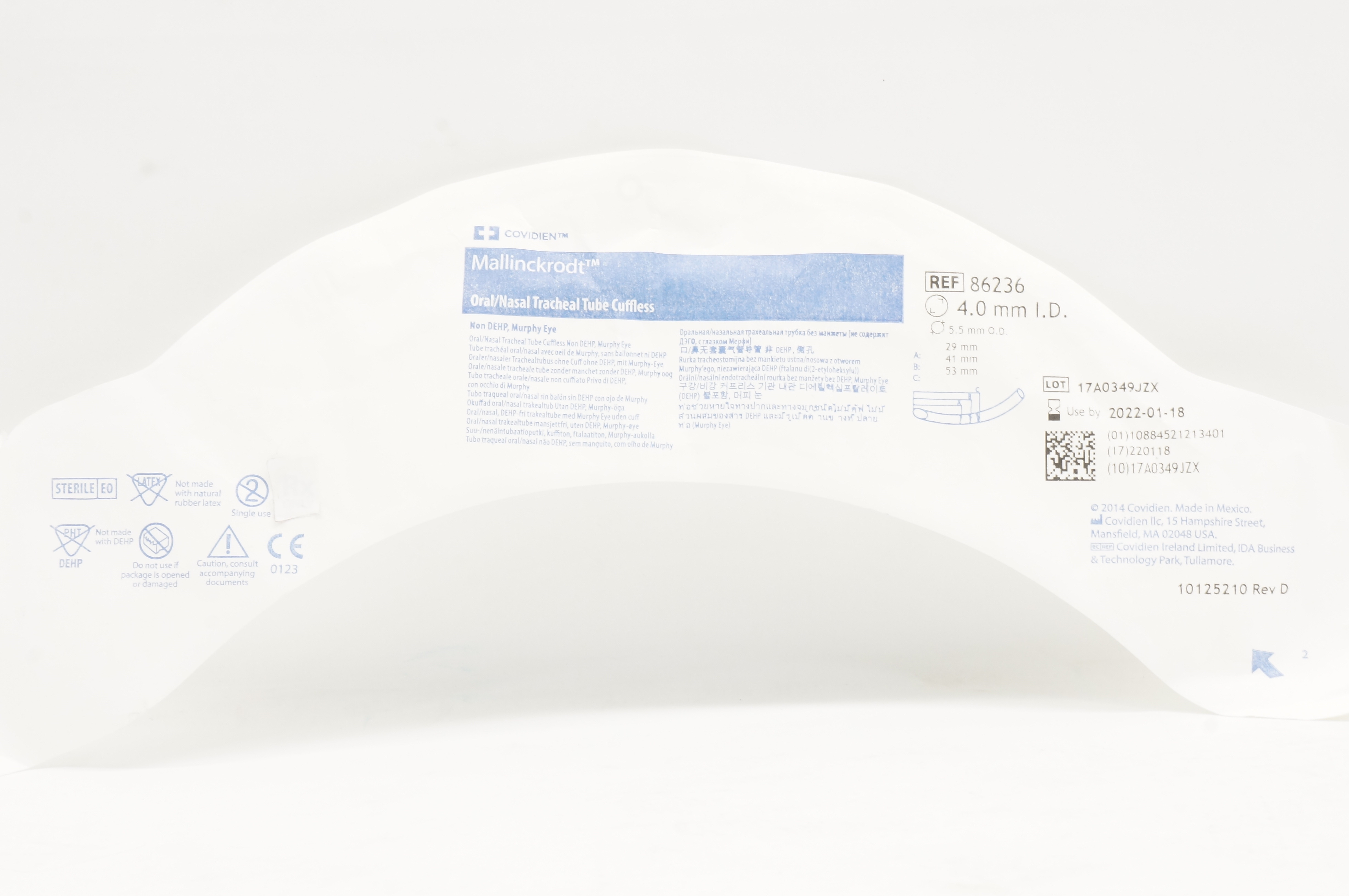 Covidien 86236 Shiley Oral/Nasal Tracheal Tube Cuffless 4.0m ID x 5.5mm OD (x)