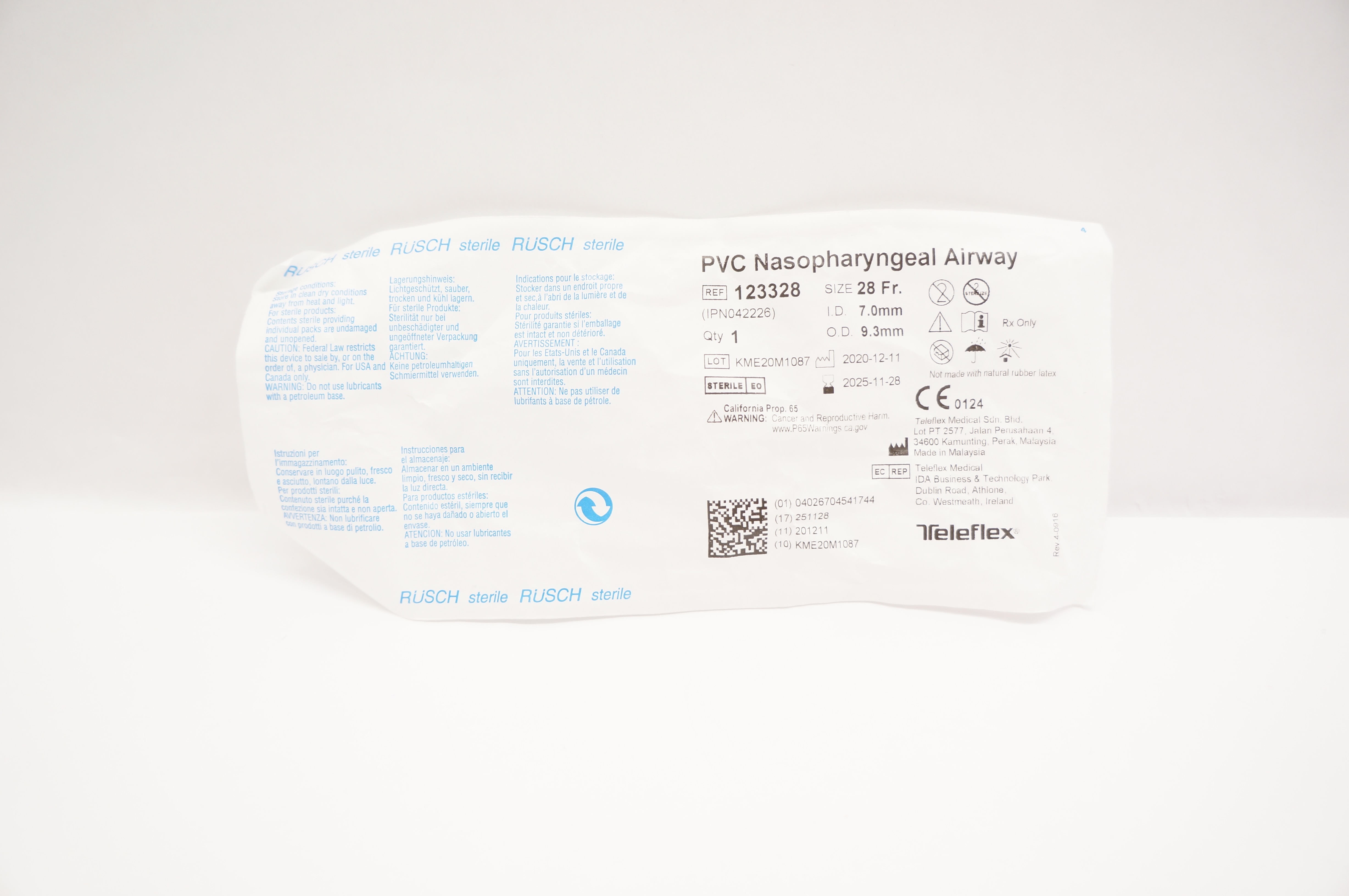Teleflex 123328 RUSCH PVC Nasopharyngeal Airway 28Fr. x 7.0mm ID x 9.3mm OD