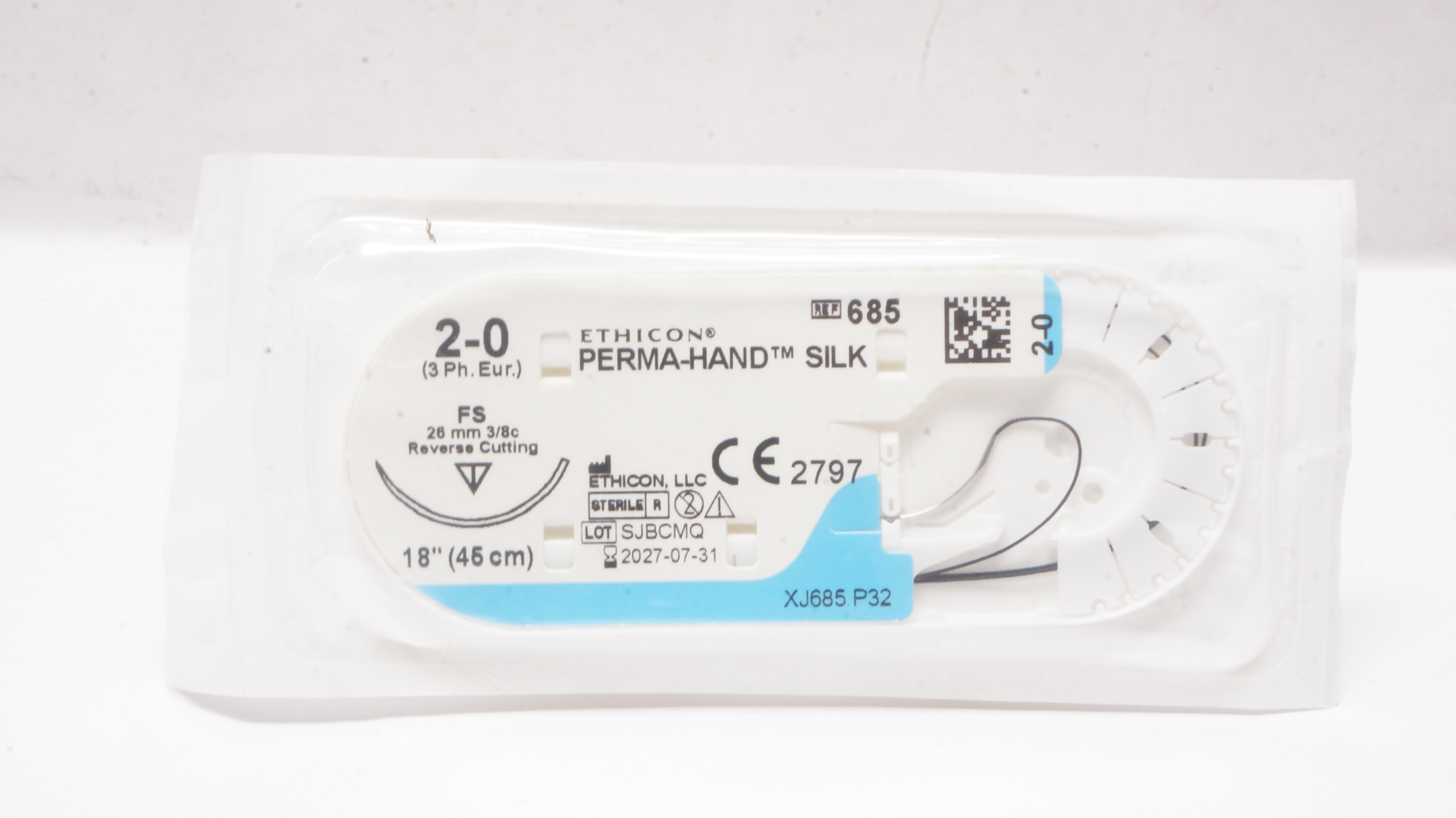 Ethicon 685 2-0 Perma-Hand Silk Stre FS 26mm 3/8c Reverse Cutting 18inch
