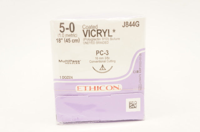 Ethicon J844G 5-0 VICRYL PC-3 16mm 3/8c 18inch ~ Box of 12 (x)