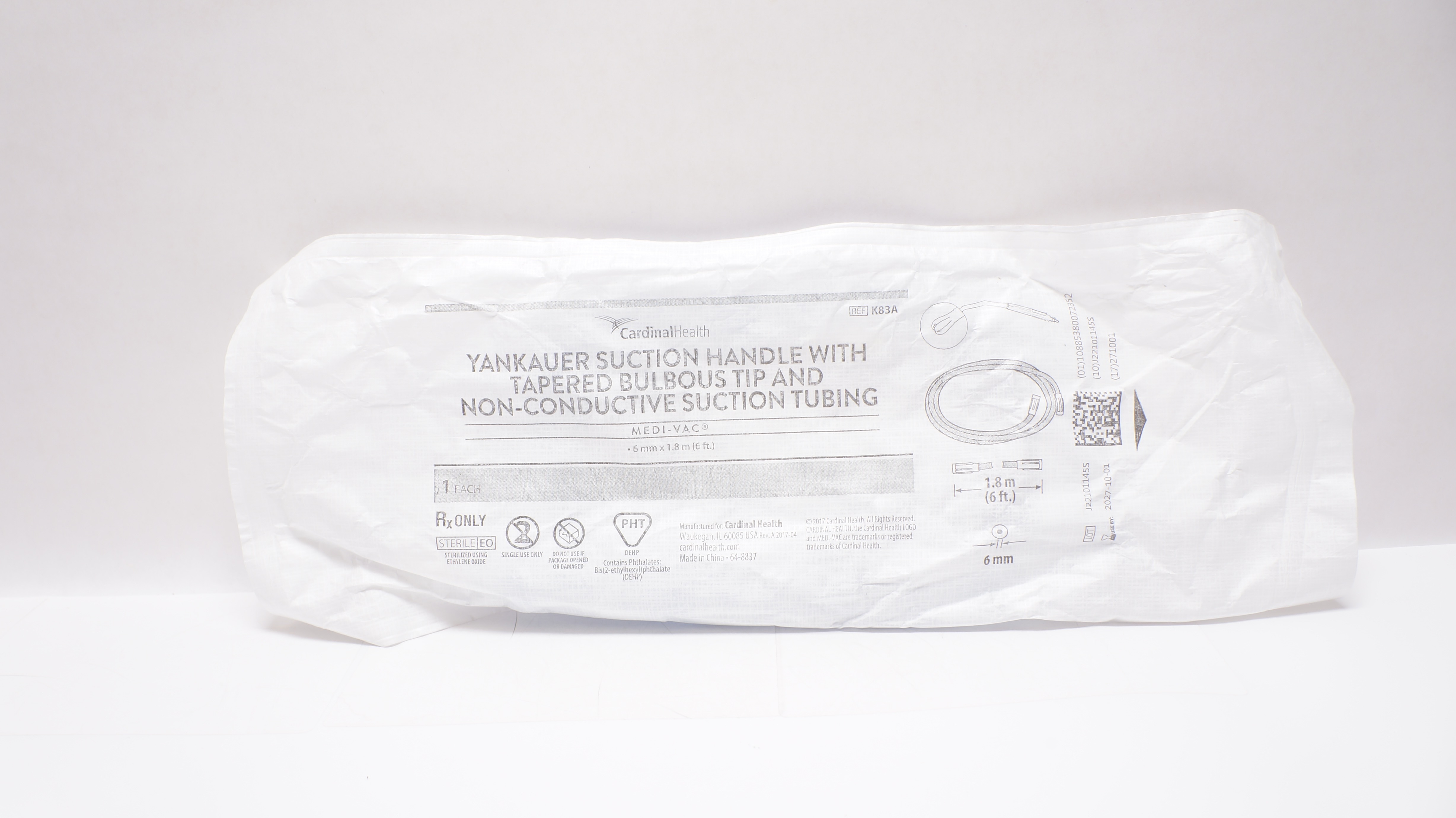 Cardinal Health K83A Medi-Vac Yankauer Suction Handle w/Tubing 1/4inch x 6ft.