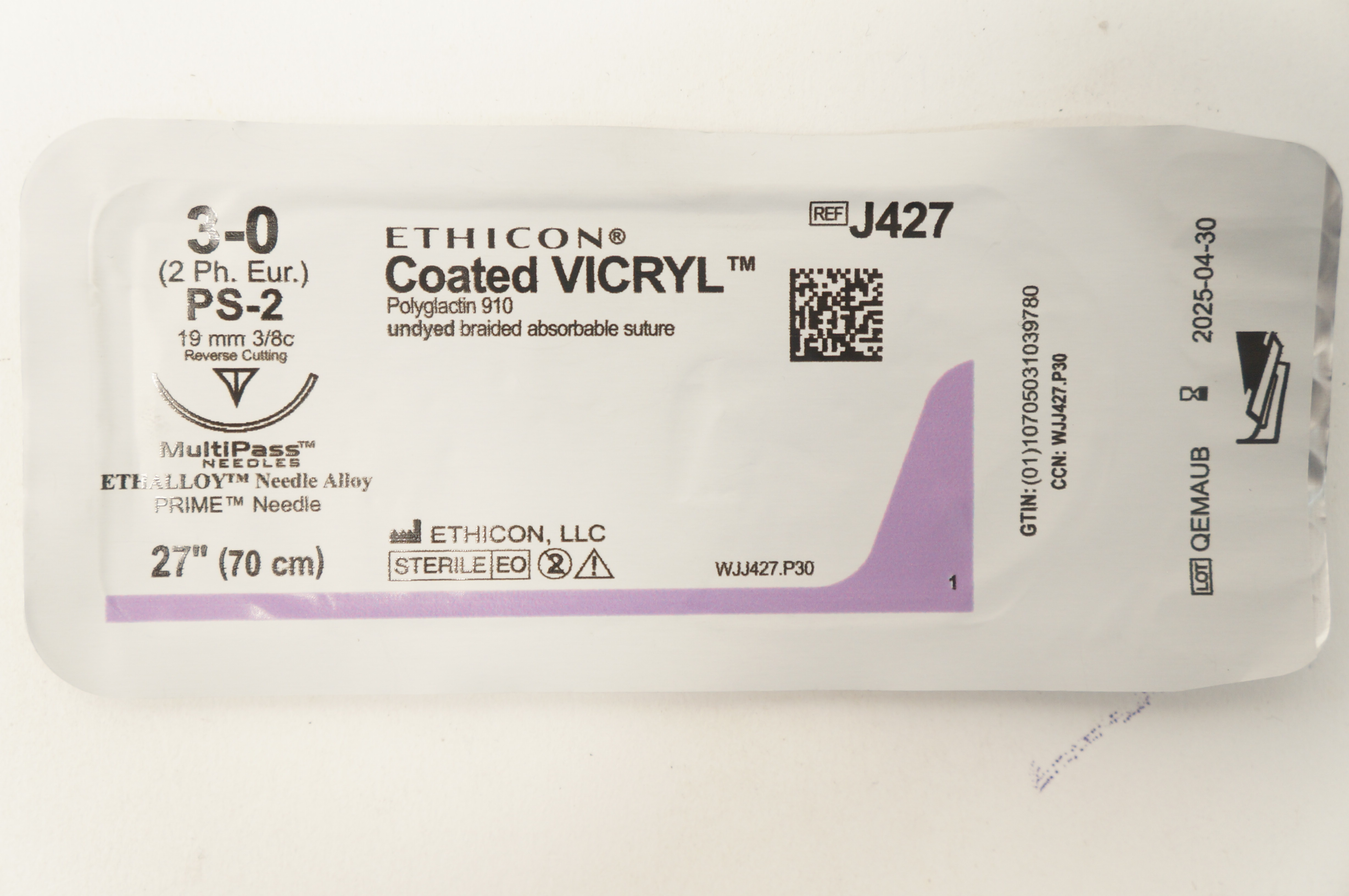 Ethicon J427 3-0 Coated VICRYL PS-2 19mm 3/8c Reverse Cutting 27inch