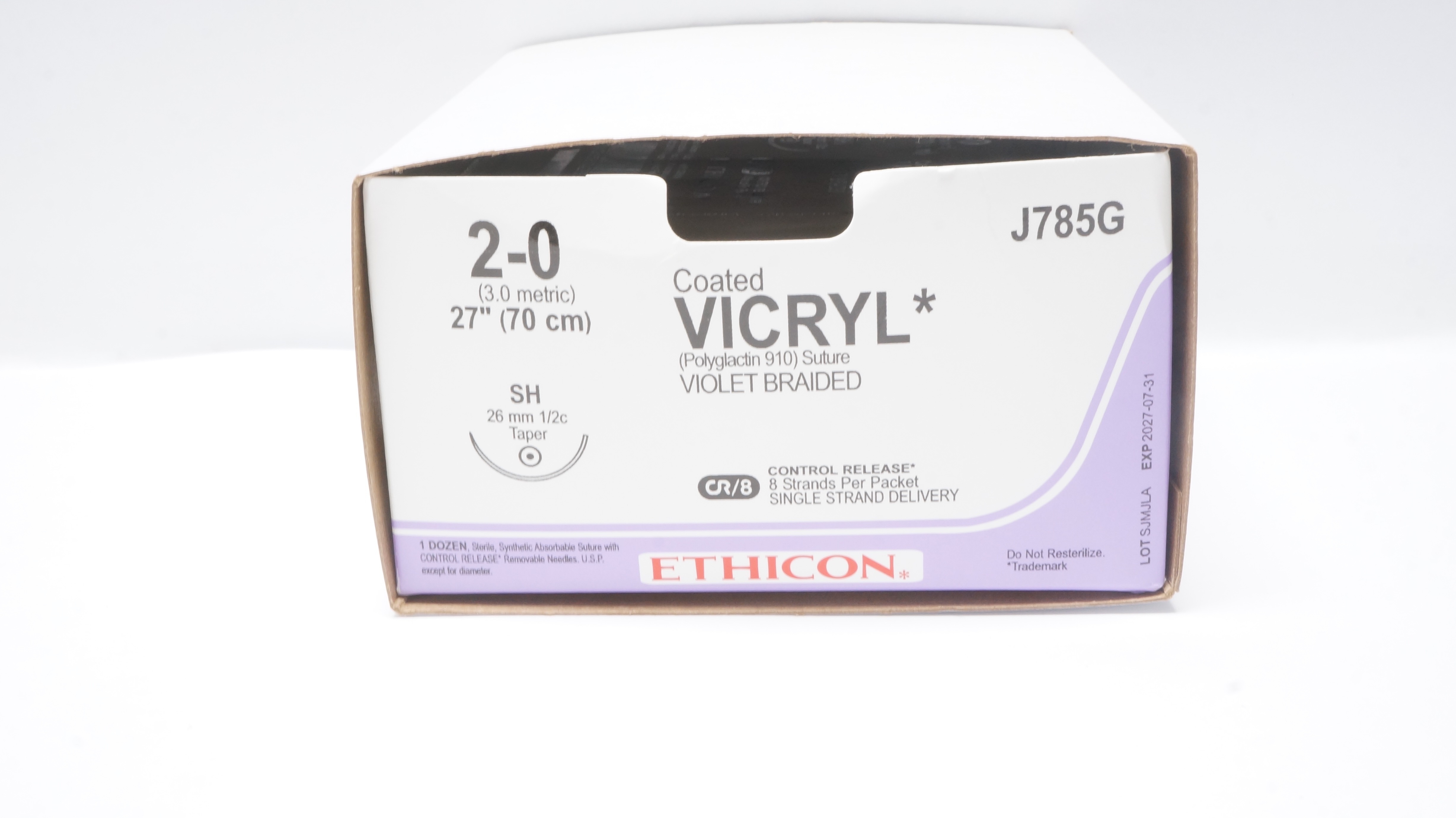 Ethicon J785G 2-0 Coated VICRYL Stre SH 26mm 1/2c Taper, 27inch - Box of 12