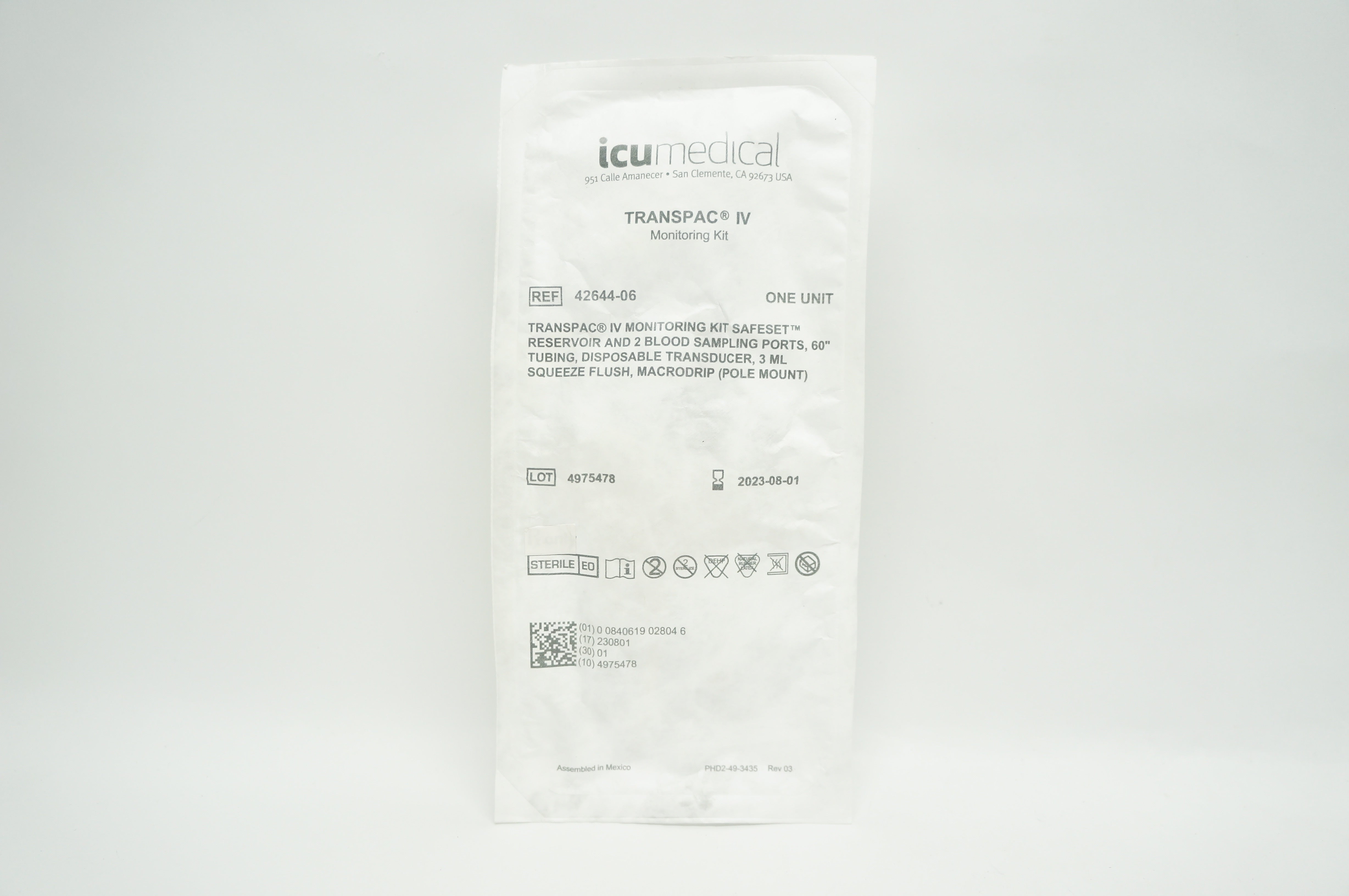 ICU Medical 4264406 Transpac IV Monitoring Kit 60 inch x 3 ml