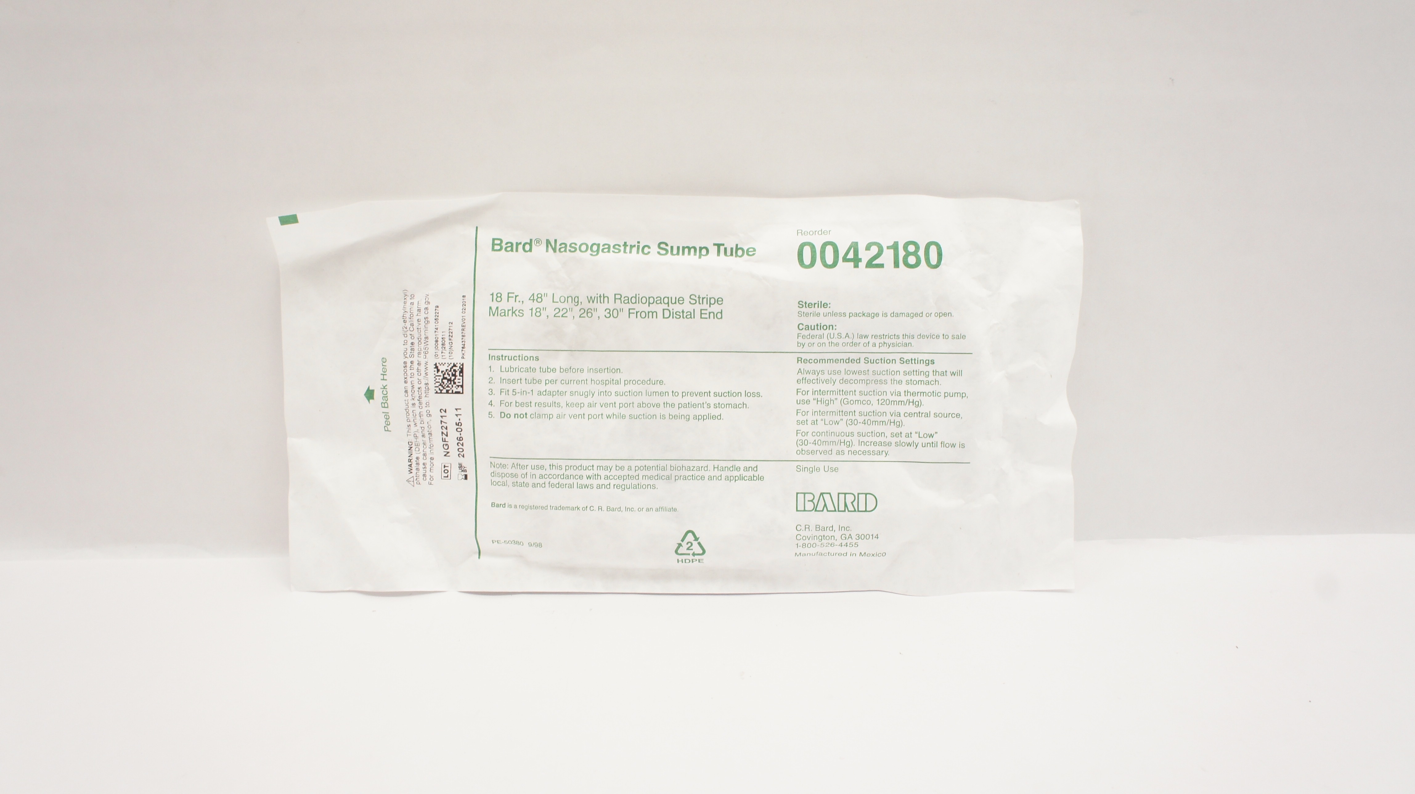 Bard 0042180 Nasogastric Sump Tube with Radiopaque Stripe Marks 18Fr x 48inch