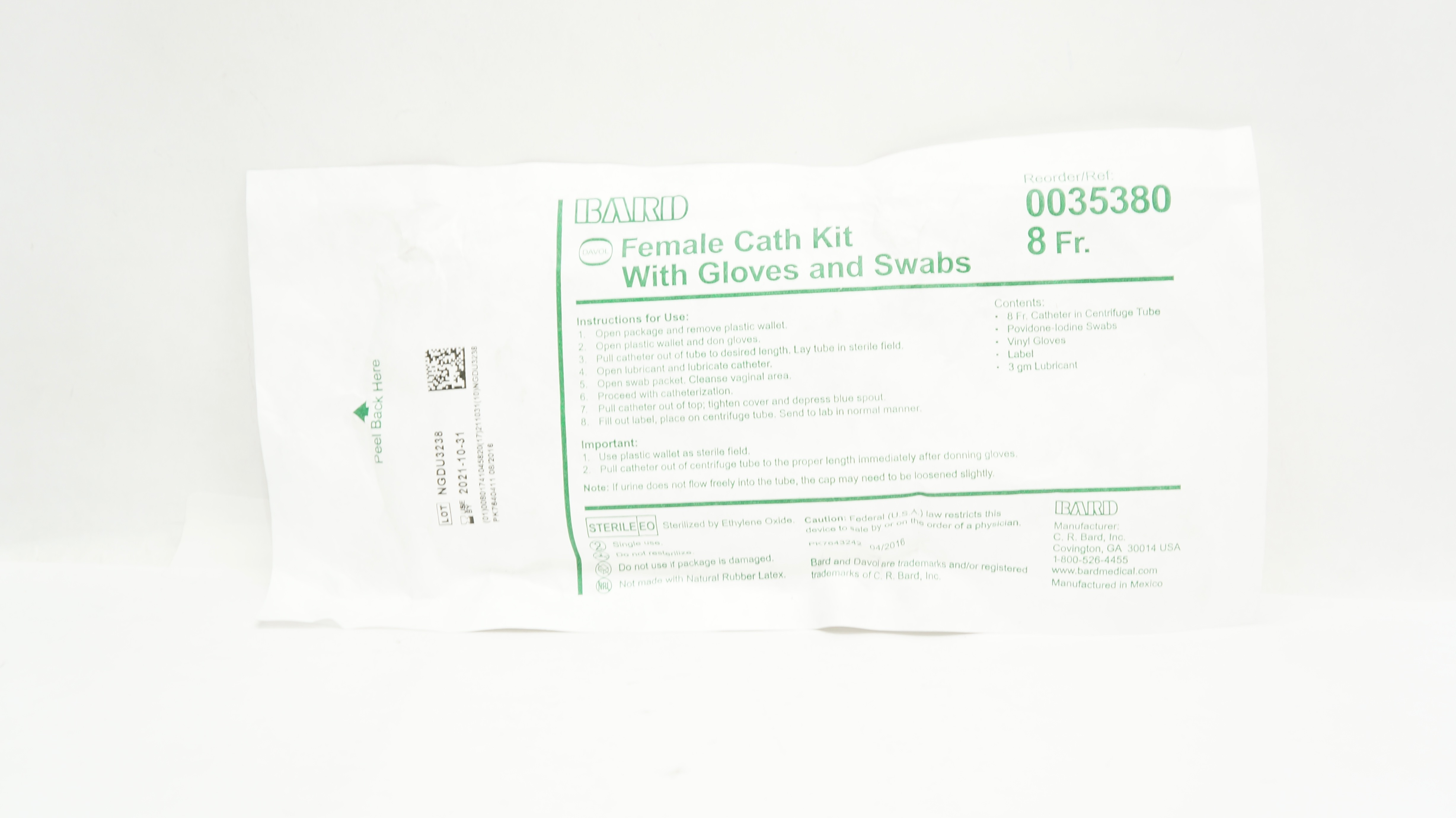 Bard 0035380 Female Cath Kit With Gloves and Swabs 8Fr (x)