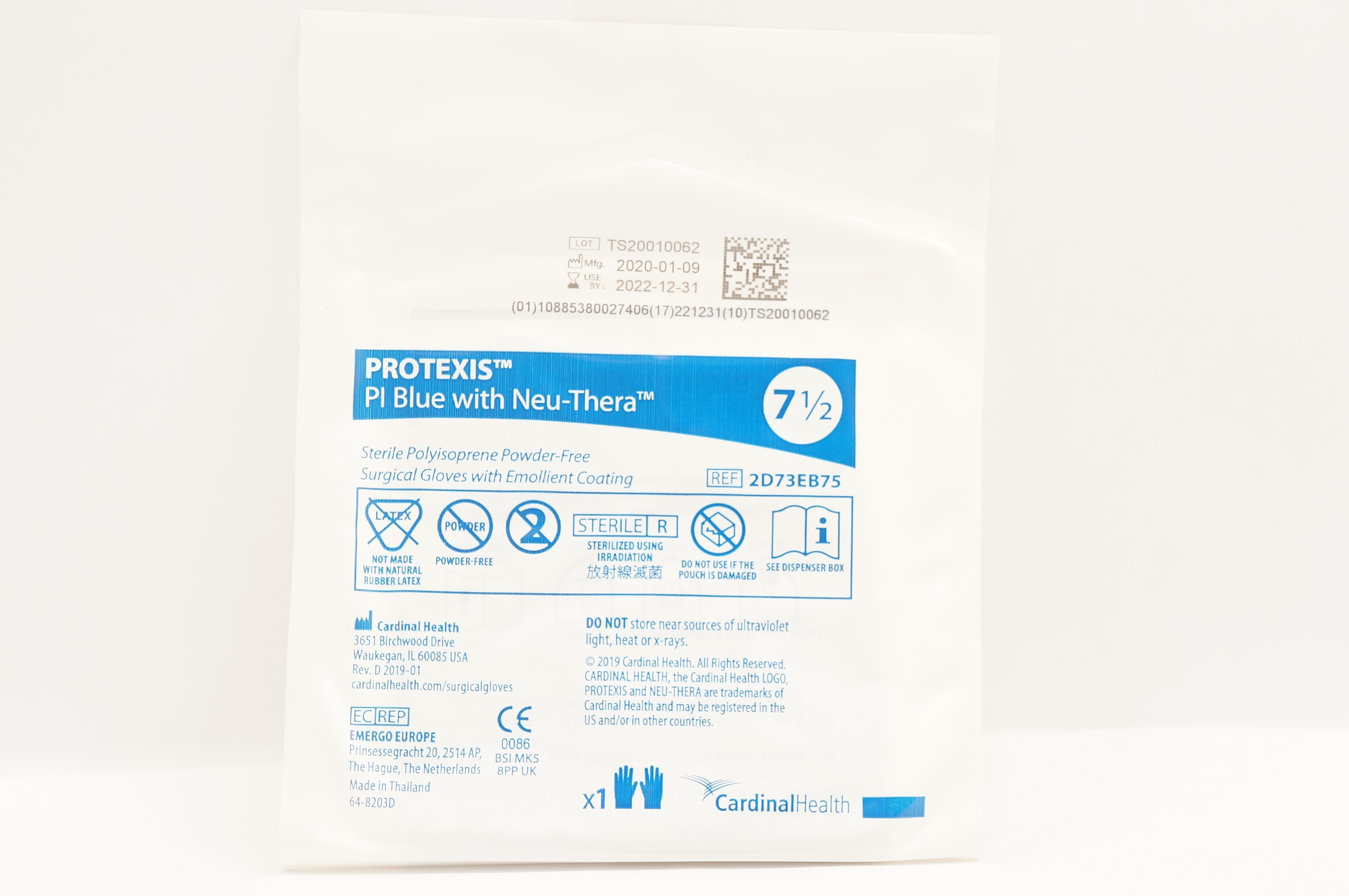 Cardinal Health 2D73EB75 Protexis PI Blue w/Neu-Thera Surgical Gloves Size 7-1/2