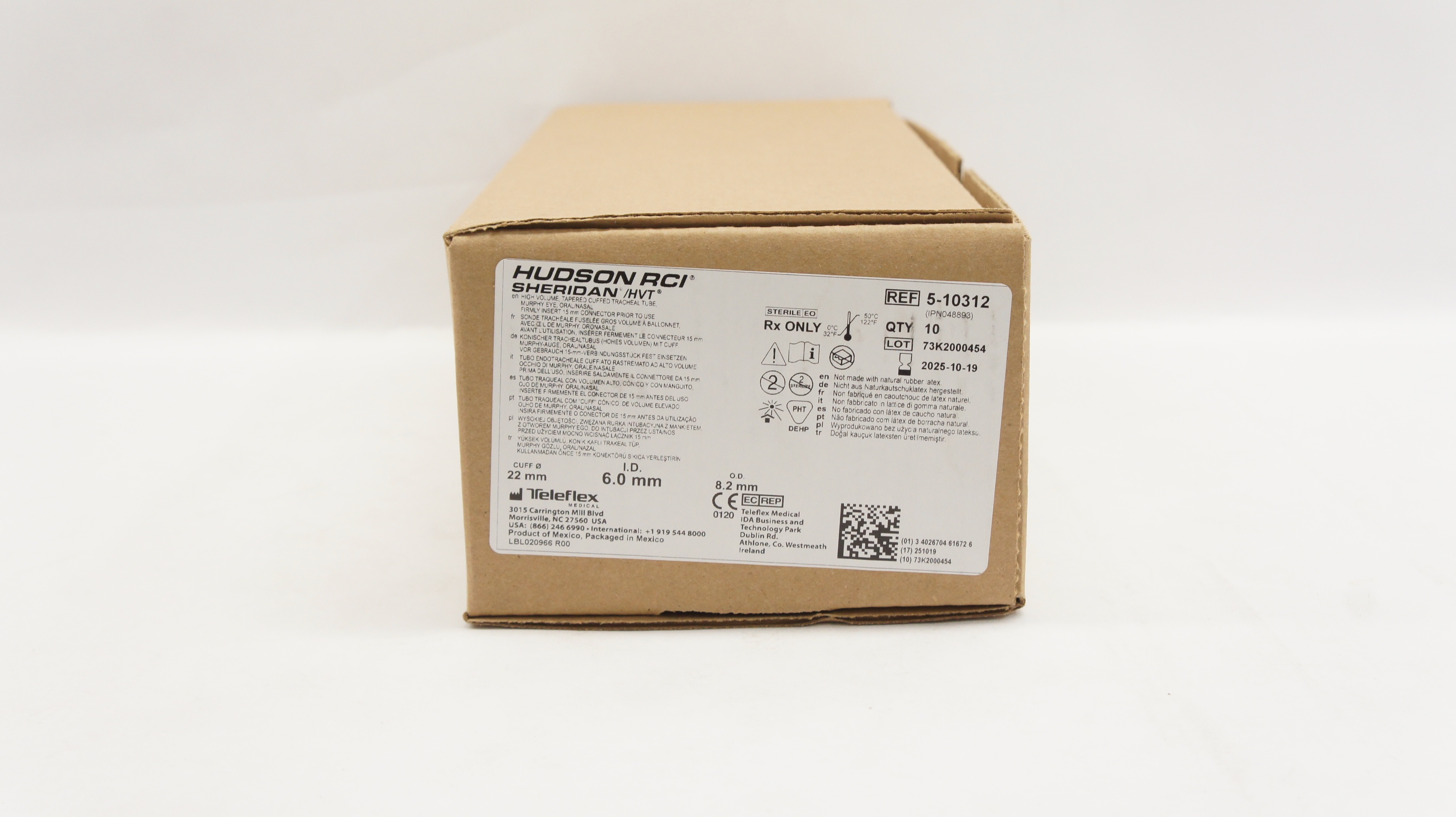 Teleflex 5-10312 Hudson RCI Sheridan HVT Cuffed Tracheal Tube 6.0x22mm ...